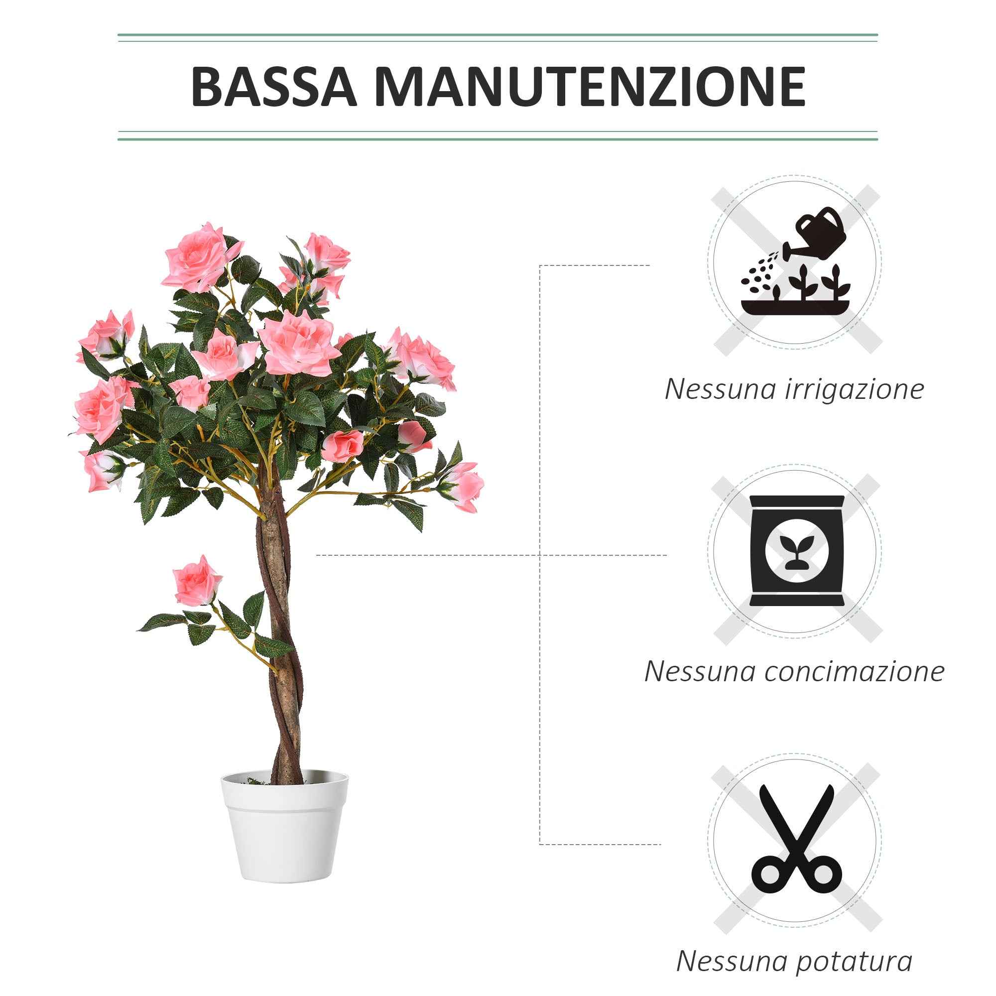Outsunny 21-Flower Fake Rose Plant with Cement and Moss Filled Pot, Ø18x90 cm, Pink