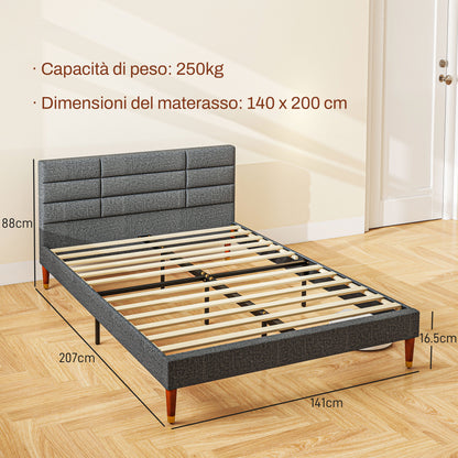 Bed Frame with Headboard, Footboard and Storage Space, in Linen Effect Fabric, 141x207x88 cm, Gray