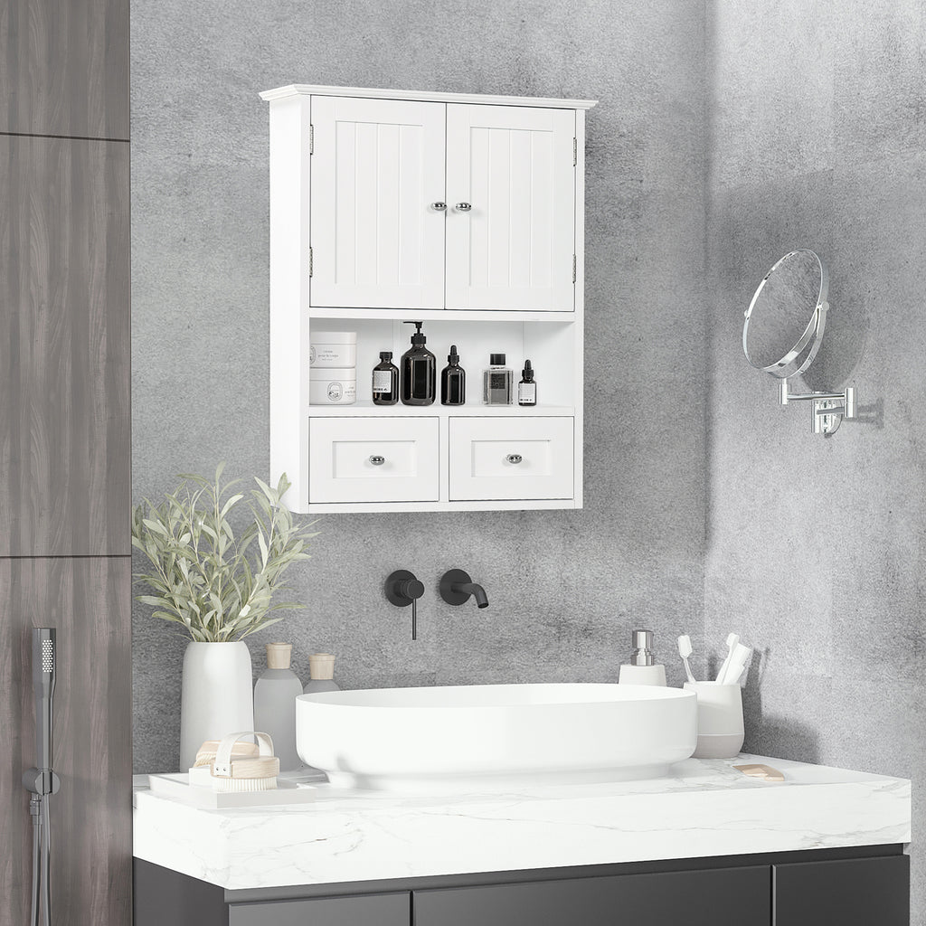 2 Door Bathroom Wall Cabinet with Open Shelf and 2 Wooden Drawers, White
