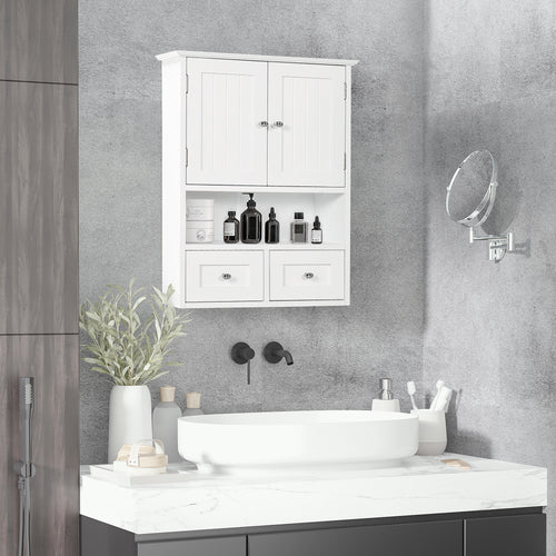 2 Door Bathroom Wall Cabinet with Open Shelf and 2 Wooden Drawers, White
