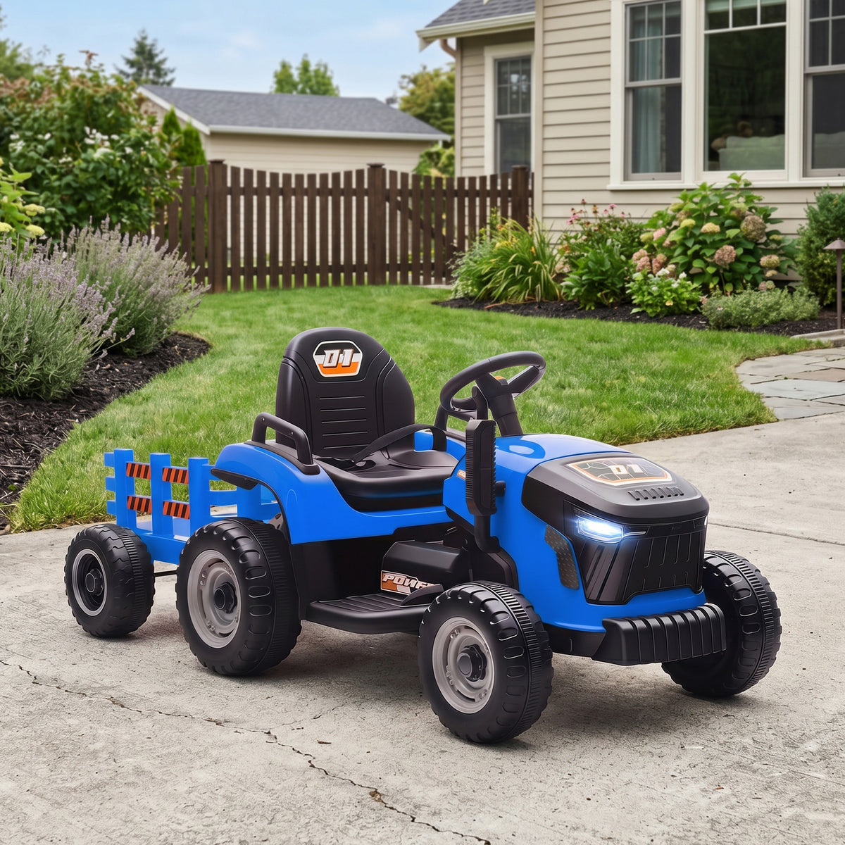 AIYAPLAY 2 in 1 Electric Tractor for Kids Ages 3-8 with Detachable Trailer, Remote Control, Music, Lights, Blue