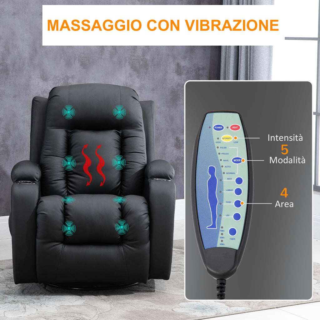 Homcom Relaxable relaxation armchair up to 150 ° in fake skin with 8 massage and heating points, black - Borgè
