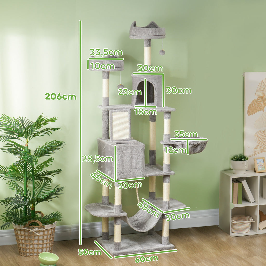 PawHut Cat Tree 206cm Tall with 4 Scratching Posts, Caves, Baskets, Hammocks, for 1-3 Kittens 6kg, Light Grey