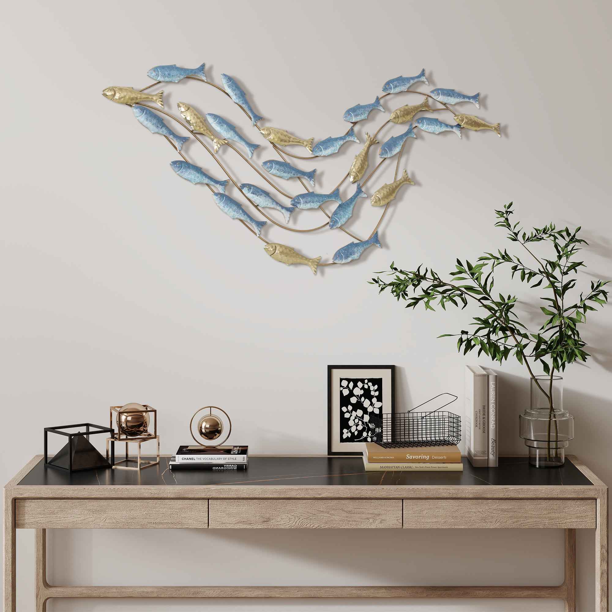 HOMCOM Metal Fish Wall Art with Screws Included, 99.7 x 3.8 x 50.2 cm, Gold and Blue