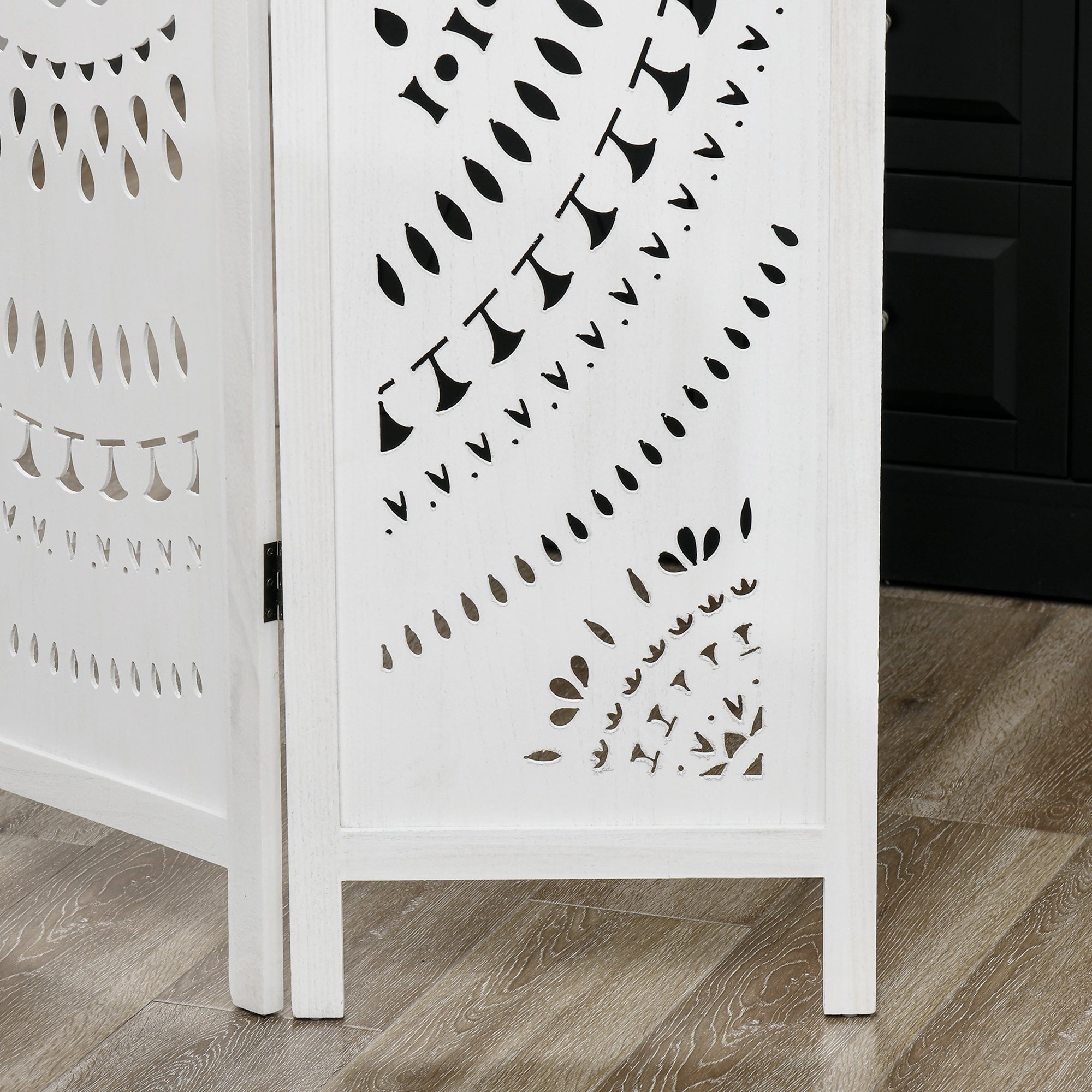 3-Panel Folding Room Divider Screen, Carved Wood, 120x170cm, White