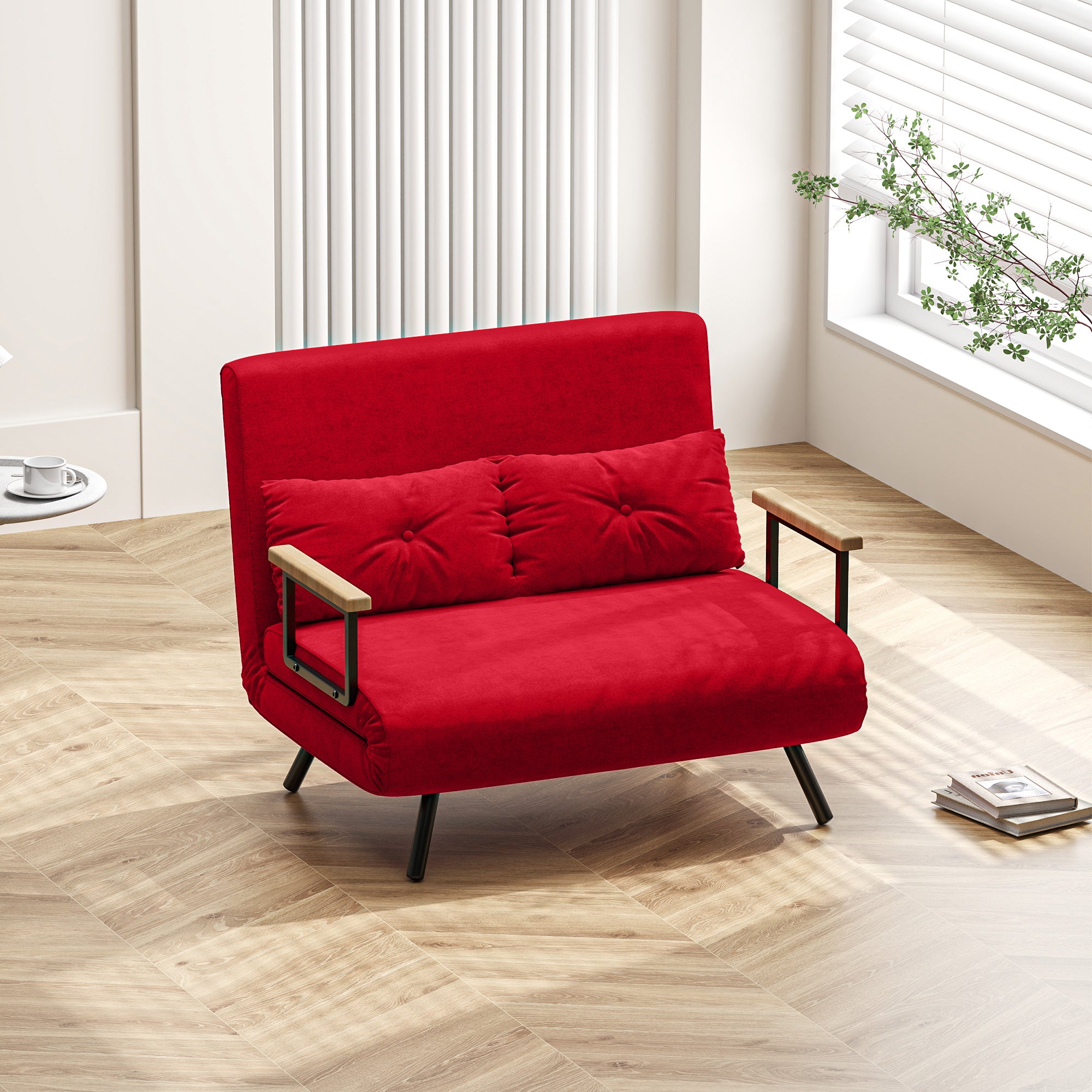 Velvet Fabric Sofa Bed with Adjustable Backrest and 2 Cushions, 102x73x81 cm, Red