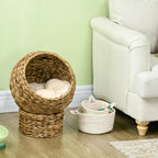 Raised Wicker Cat Bed with Cotton Cushion, Brown and White, 42 x 33 x 52cm