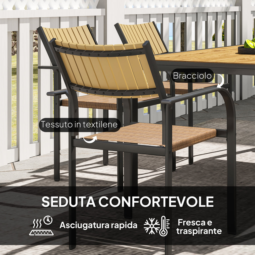 Outsunny Extendable Garden Table Set with 6 Stackable Outdoor Chairs, Steel and Textilene, Brown