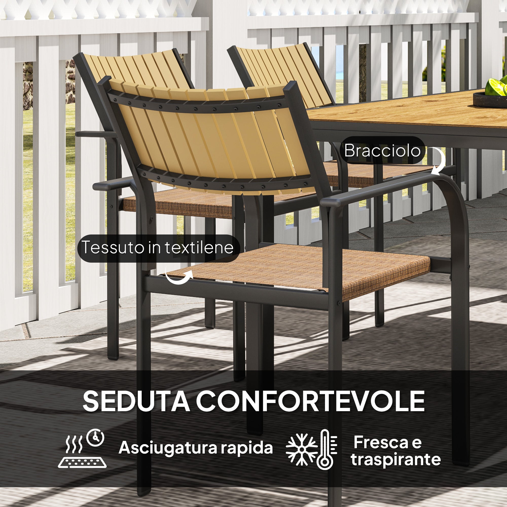 Outsunny Extendable Garden Table Set with 6 Stackable Outdoor Chairs, Steel and Textilene, Brown