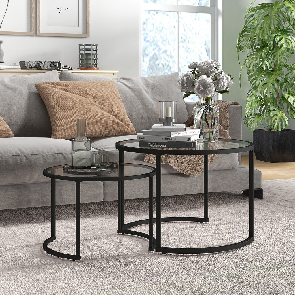 Set of 2 Nesting Glass and Steel Coffee Tables, Ø70 x 47.5 cm and Ø54 x 42.5 cm, Black