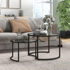 Set of 2 Nesting Glass and Steel Coffee Tables, Ø70 x 47.5 cm and Ø54 x 42.5 cm, Black