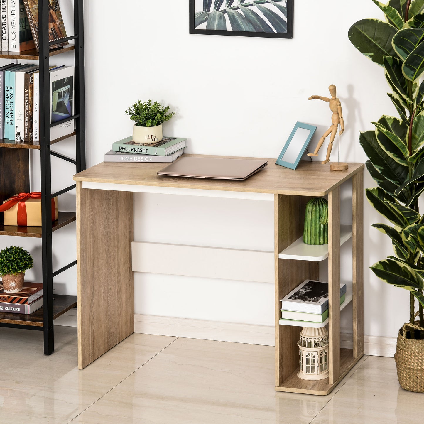 HOMCOM Modern Wooden Desk with 3-Tier Shelf, 100x44x74cm, White and Oak - Borgè