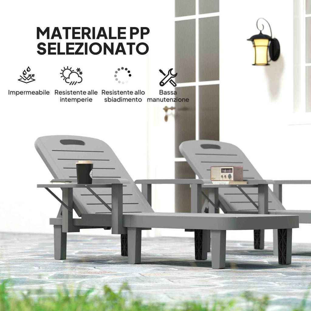 Outsunny Set of 2 Adjustable Garden Loungers with Table and Armrests, in Polypropylene, 79x158x88 cm, Dark Grey