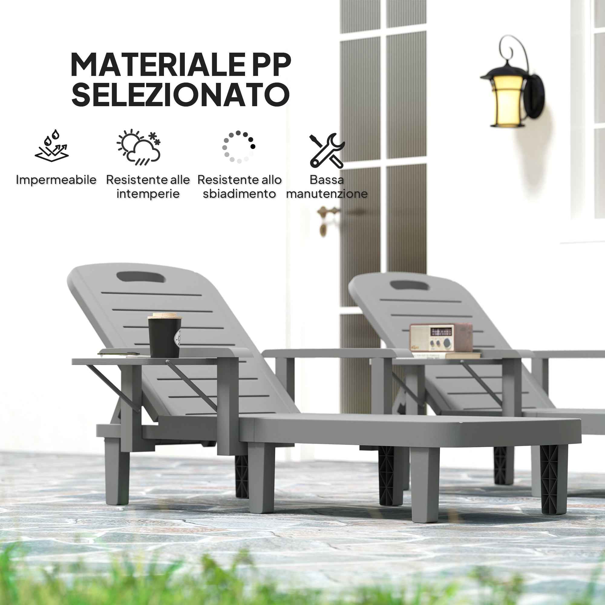Outsunny Set of 2 Adjustable Garden Loungers with Table and Armrests, in Polypropylene, 79x158x88 cm, Dark Grey