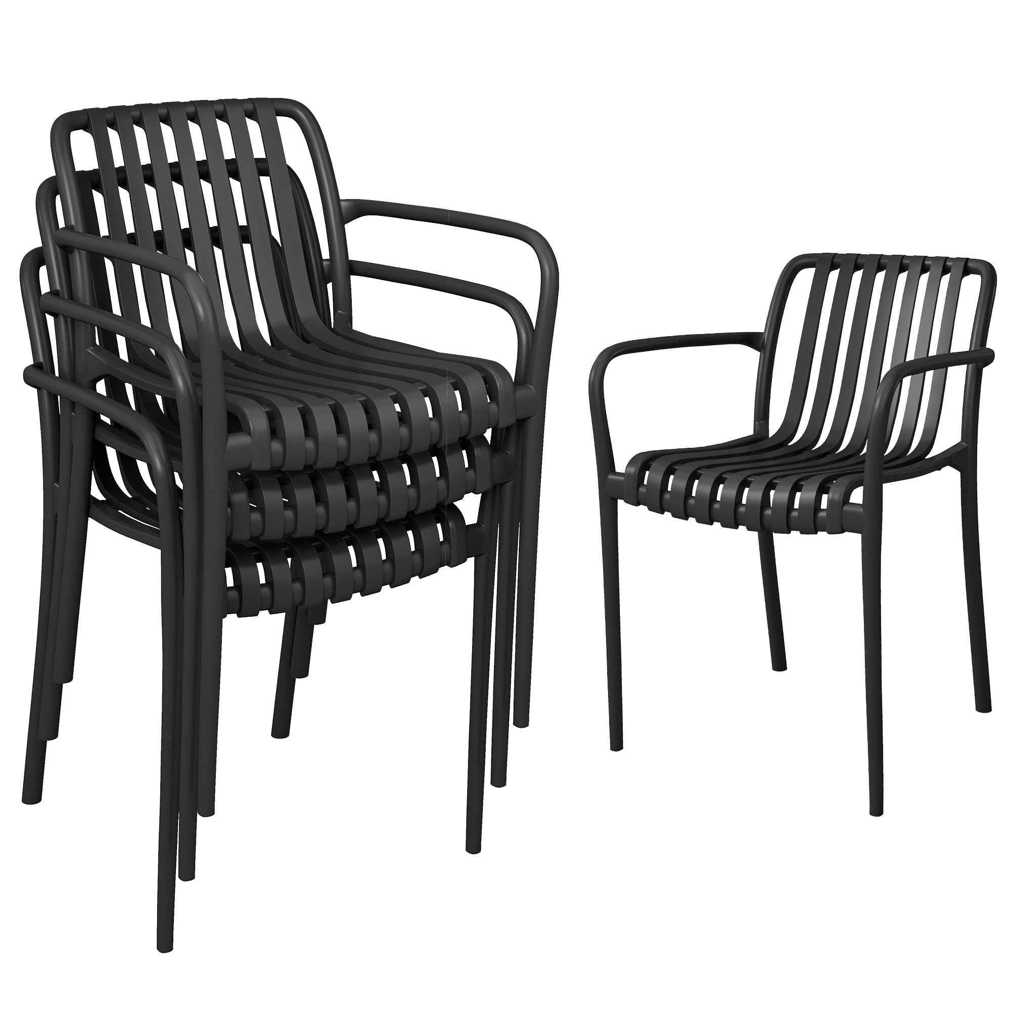 Outsunny Set of 4 Stackable Patio Chairs, Outdoor Dining Chairs with Curved Backrest, Slatted Seat and Armrests