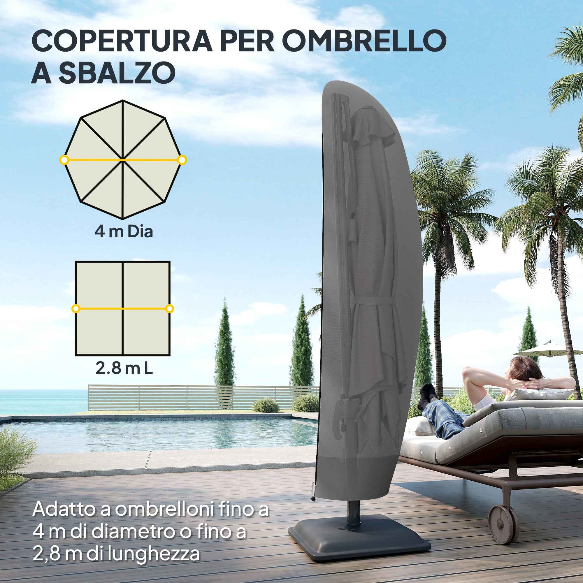 Outsunny 3x3m Waterproof Umbrella Cover, Cantilever Umbrella Cover with Zipper and Tie, Black