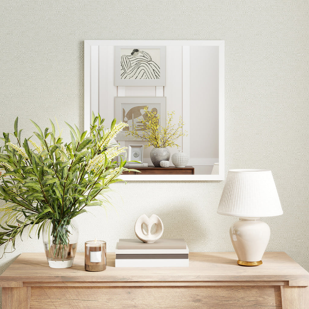 HOMCOM Rectangular Wall Mirror with Hooks, Glass and MDF Wall Mirror, 50x50 cm, White