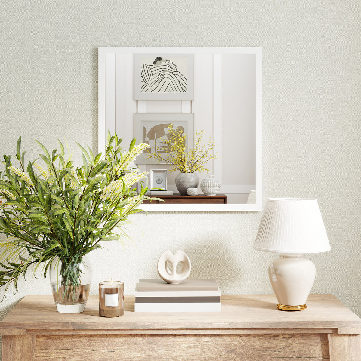 HOMCOM Rectangular Wall Mirror with Hooks, Glass and MDF Wall Mirror, 50x50 cm, White