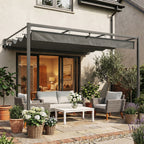 Outsunny 3x3m Lean-to Pergola with Retractable Sliding UV30+ Roof and Drainage Holes, Dark Grey