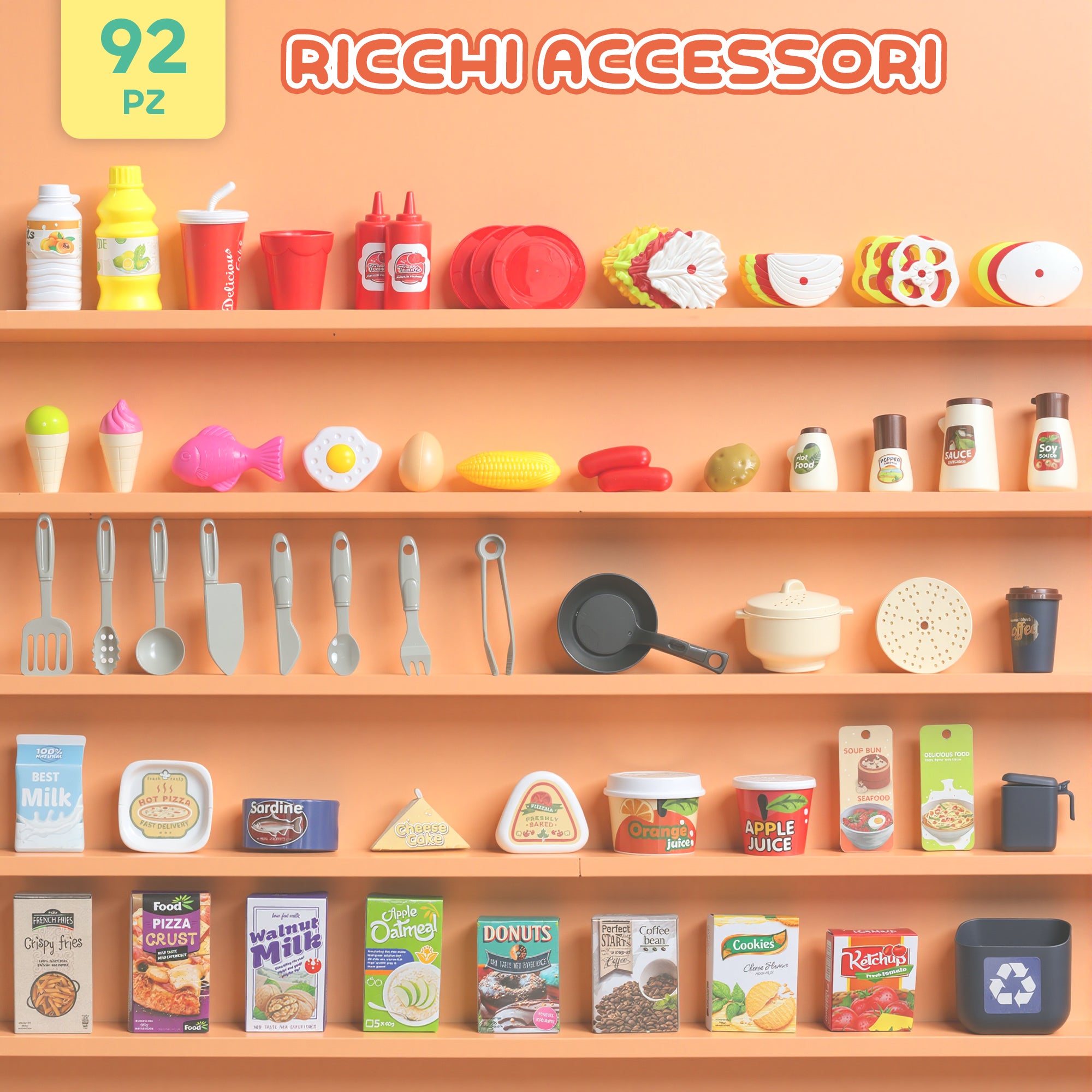 Toy Kitchen for Children 3-6 Years with 92 Accessories, in PP, PE and ABS, 44.5x24x79 cm, Green