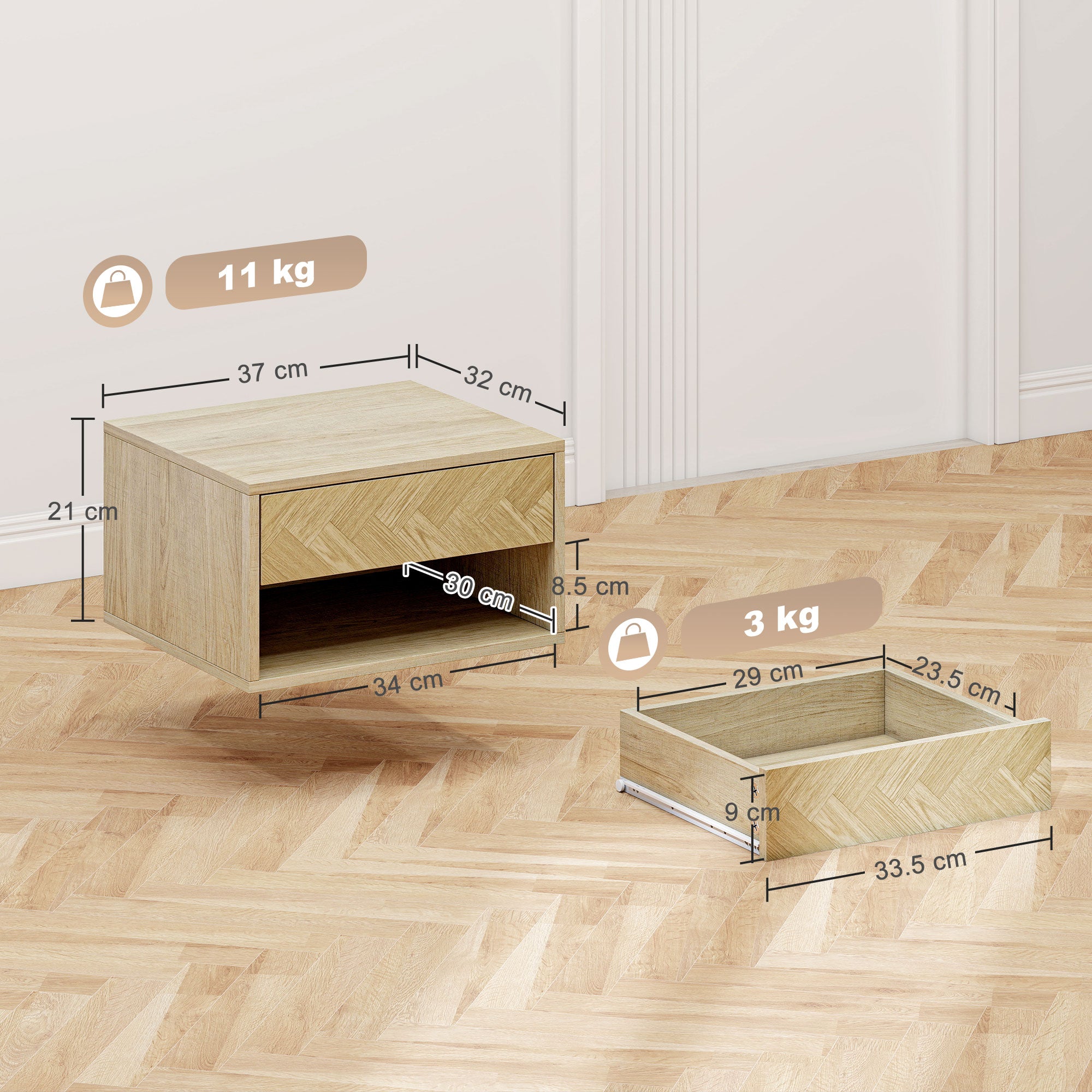 HOMCOM Set of 2 Modern Floating Bedside Tables with Drawer and Open Compartment, 37x32x21 cm, Natural Wood