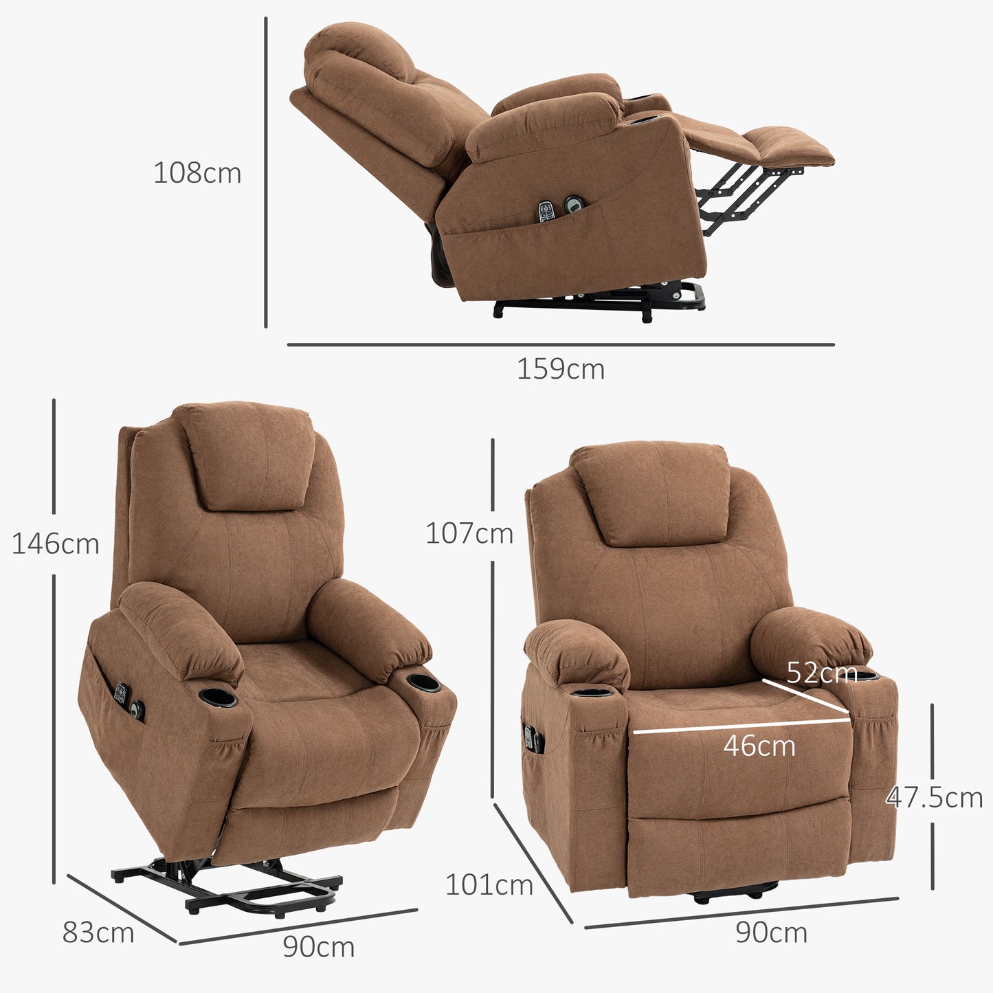 HOMCOM 8-Point Massage Lift Chair with Remote Control, in Linen Effect Fabric, 90x101x107 cm, Coffee - Borgè