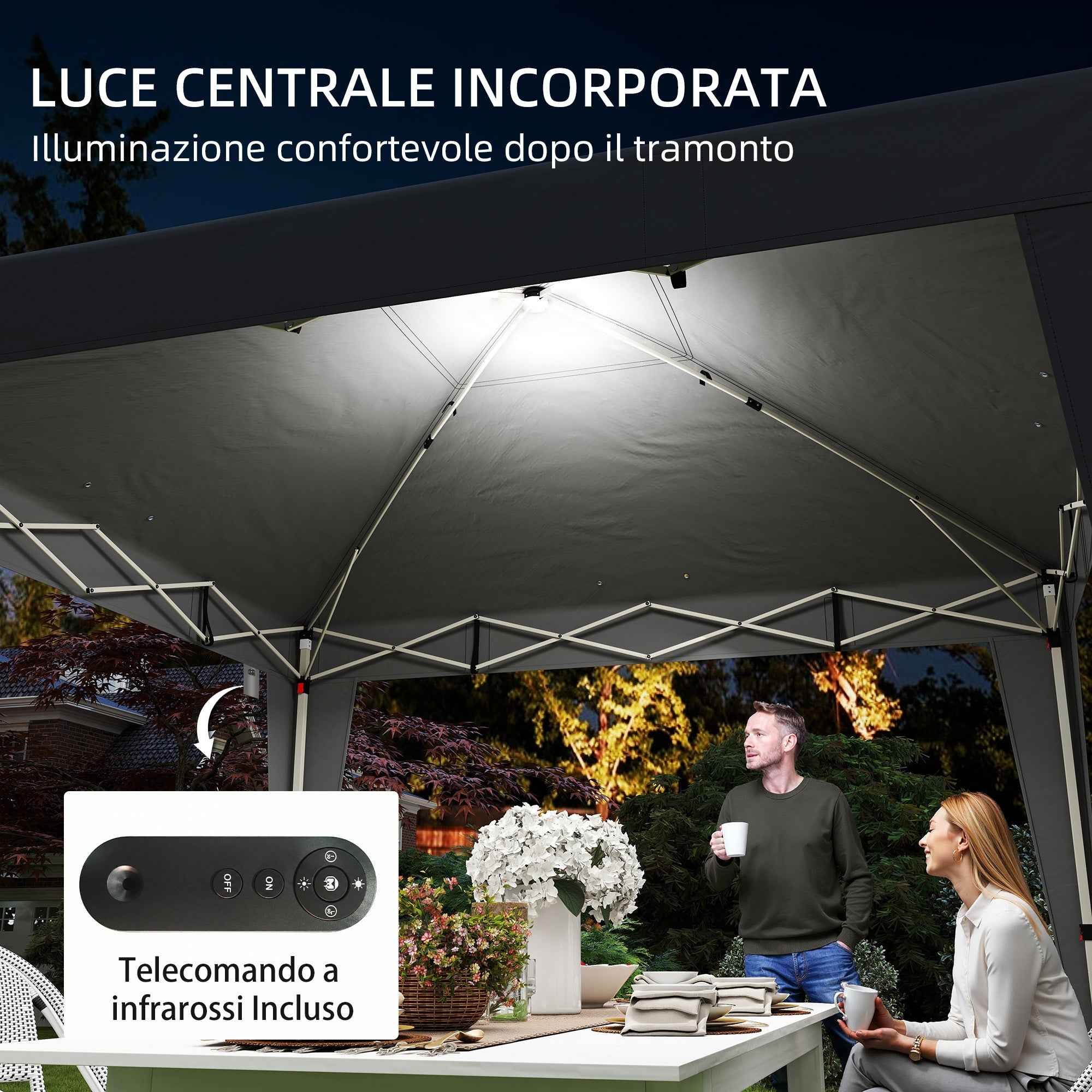 Outsunny 3x3 m Folding Gazebo with Adjustable Height, Central Light and Remote Control, Metal and Polyester, Black