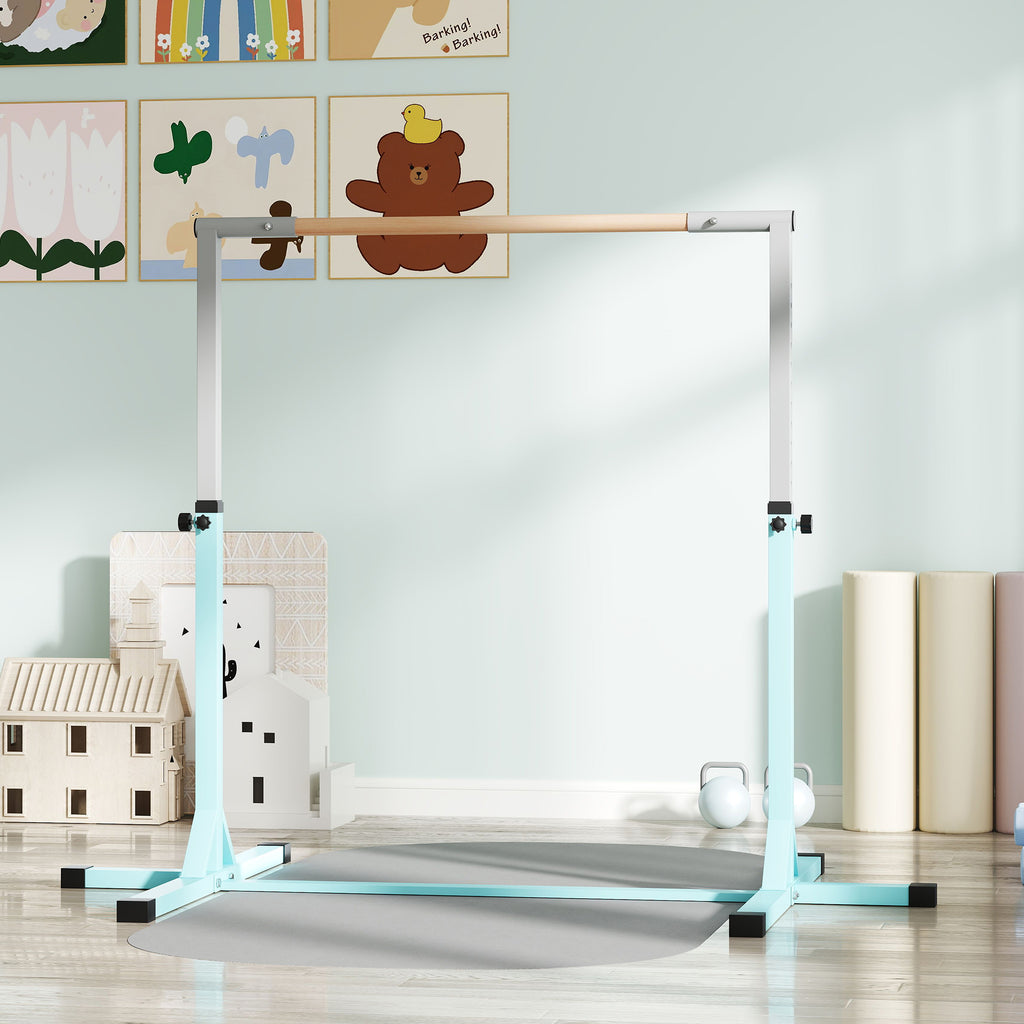 HOMCOM Height-Adjustable Gymnastics Bar for Children Ages 3+, Made of Steel and Solid Beech Wood, Light Blue