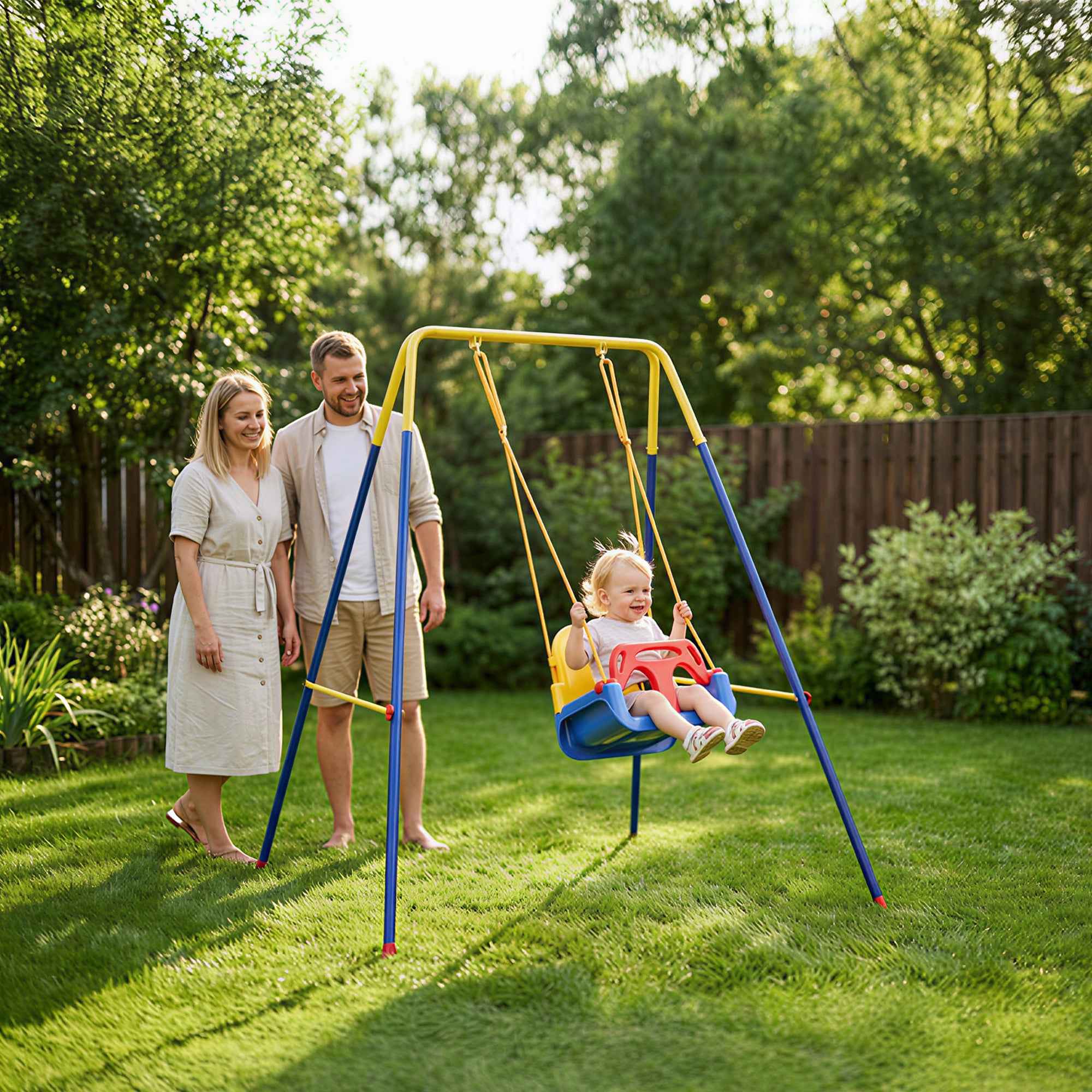 AIYAPLAY Garden Swing Frame with 2 Hooks, Steel, 128x155x157 cm, Yellow and Blue