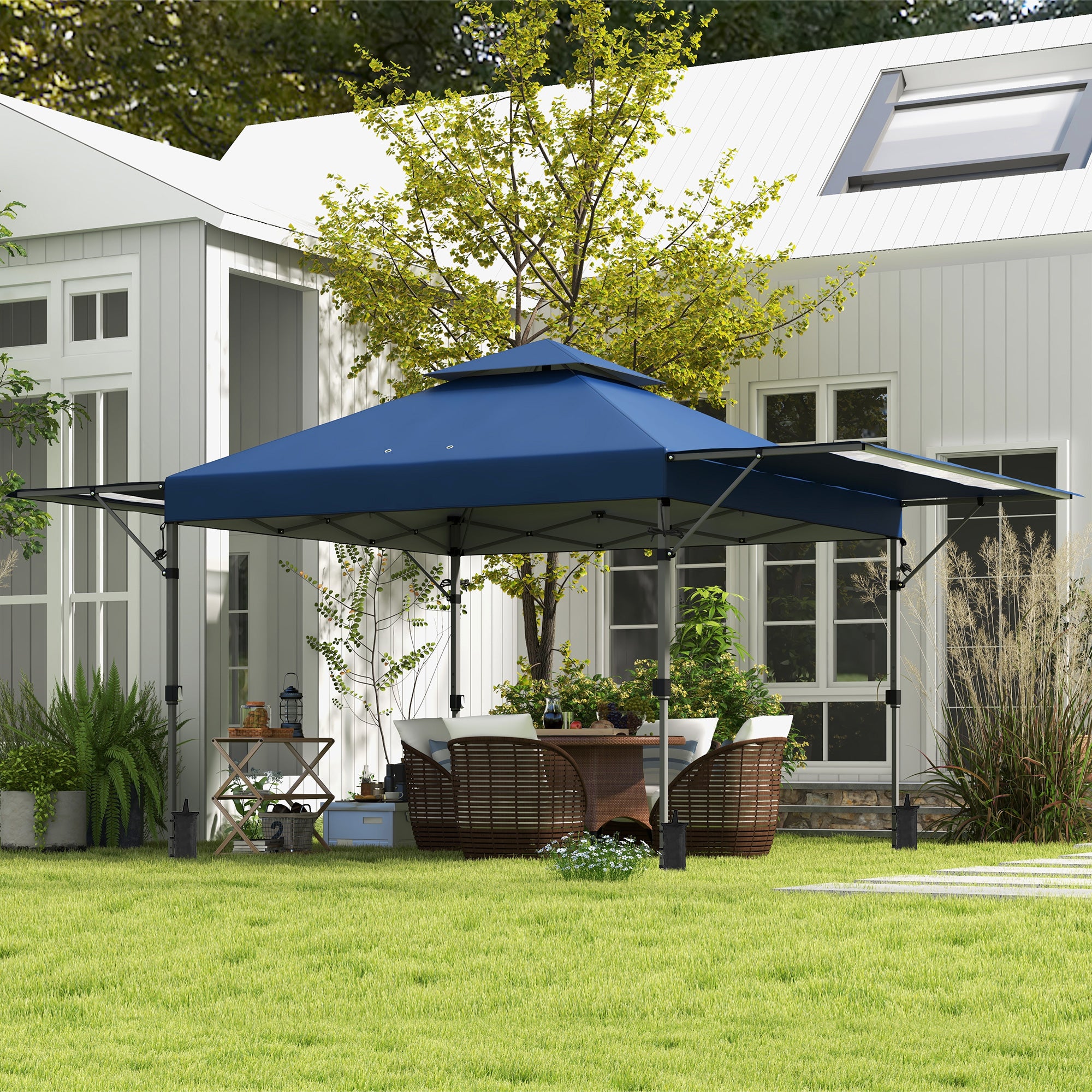 5x3m Folding Gazebo with Extendable Walls, Adjustable Height and Wheeled Bag, Blue