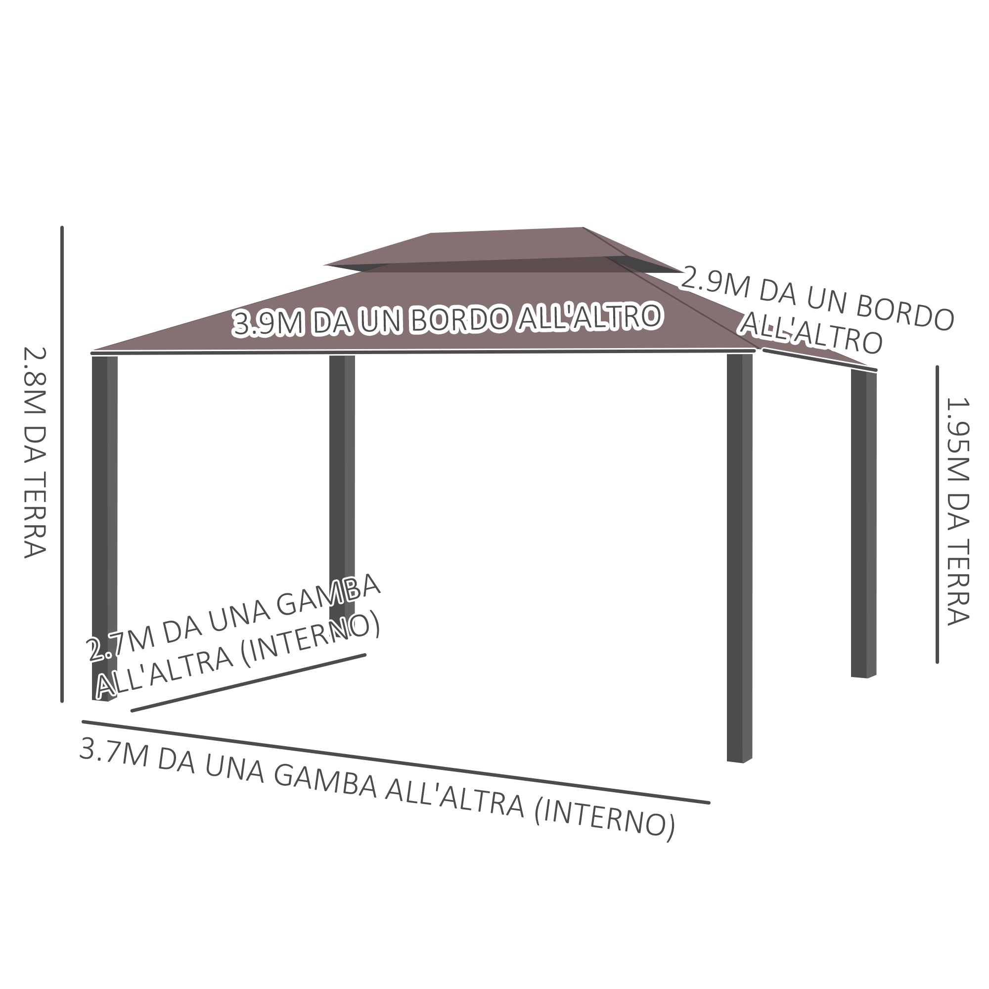 3x4m Garden Gazebo with Double Roof, Mosquito Net and Curtains, Aluminum and Polyester, Coffee Color