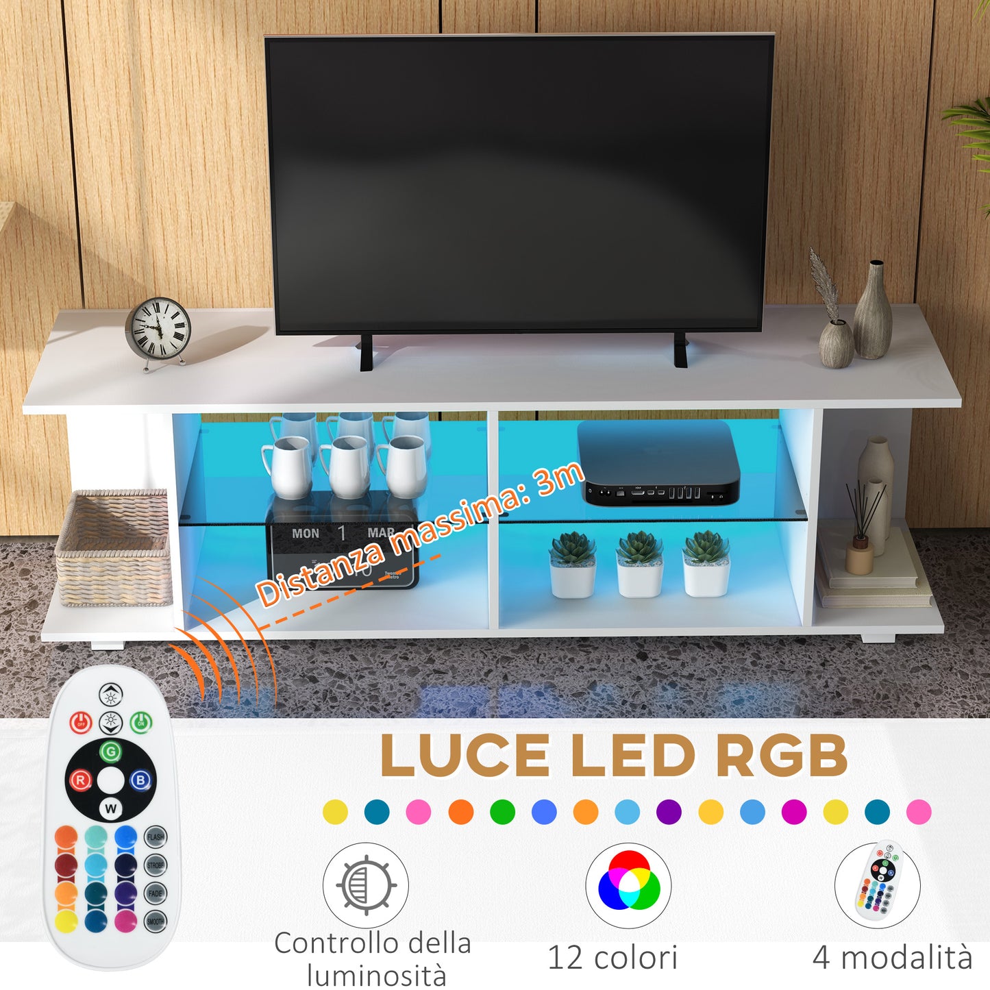 HOMCOM 60" TV Cabinet with 12 Color Lights and 2 Adjustable Shelves, in Chipboard and Glass, 144.8x40x45 cm, White