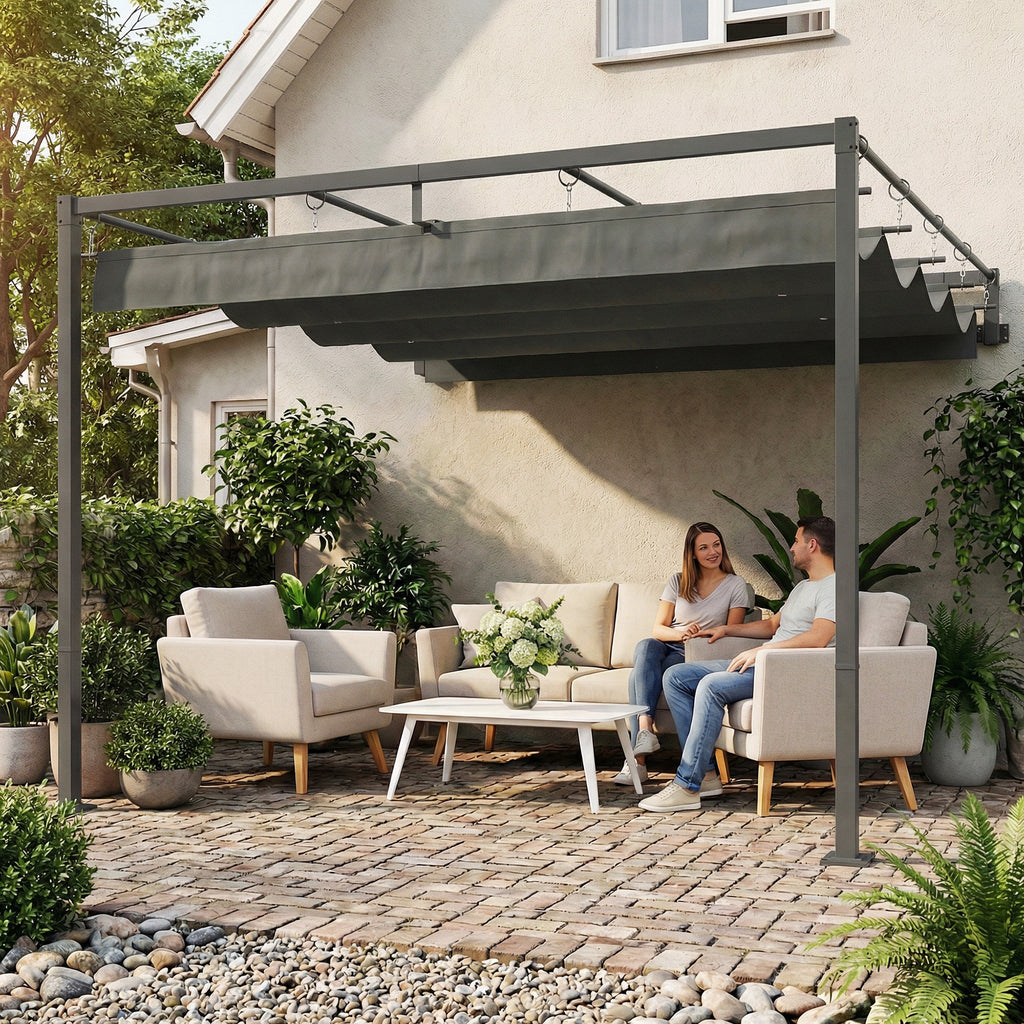 Outsunny 3x3m Lean-to Pergola with Retractable Sliding UV30+ Roof and Drainage Holes, Dark Grey