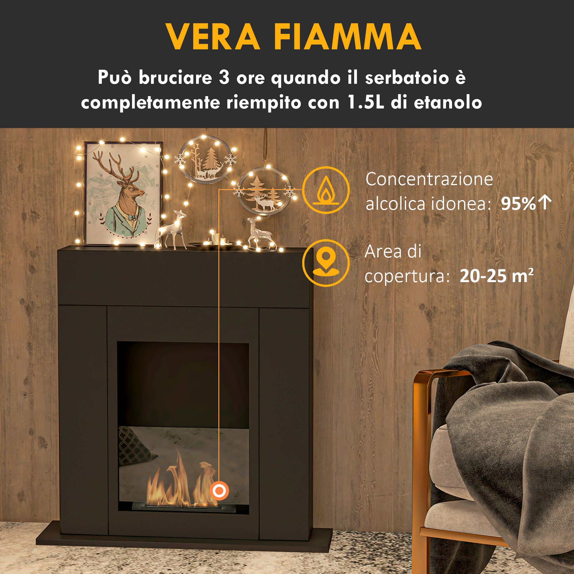 Bioethanol Fireplace with 0.9L Burner, 3 Hour Burning Time, Heated Area 20-25 m², 73x20x75cm, Black