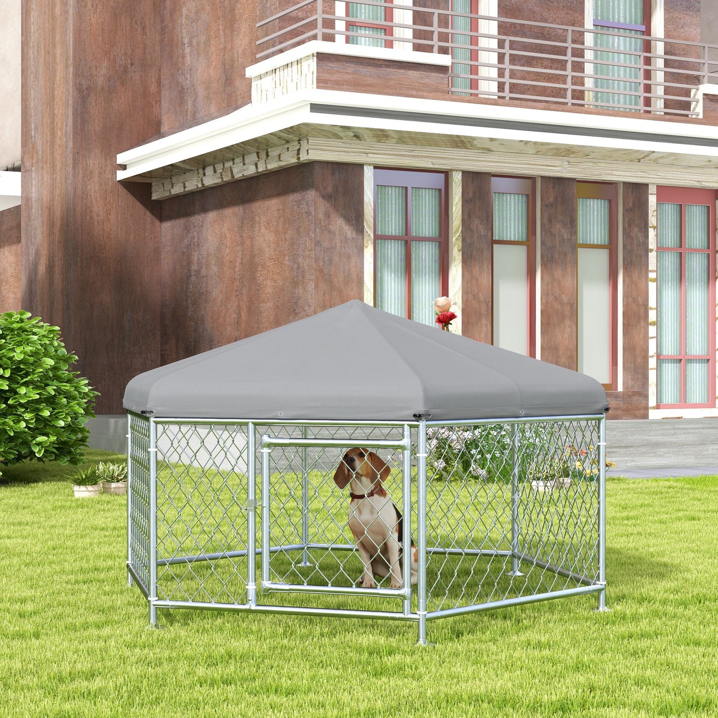 PawHut Kennel for Medium Size Dogs with UV-Proof Oxford Fabric Roof, 2.1x1.85x1.2m, Silver and Gray - Borgè