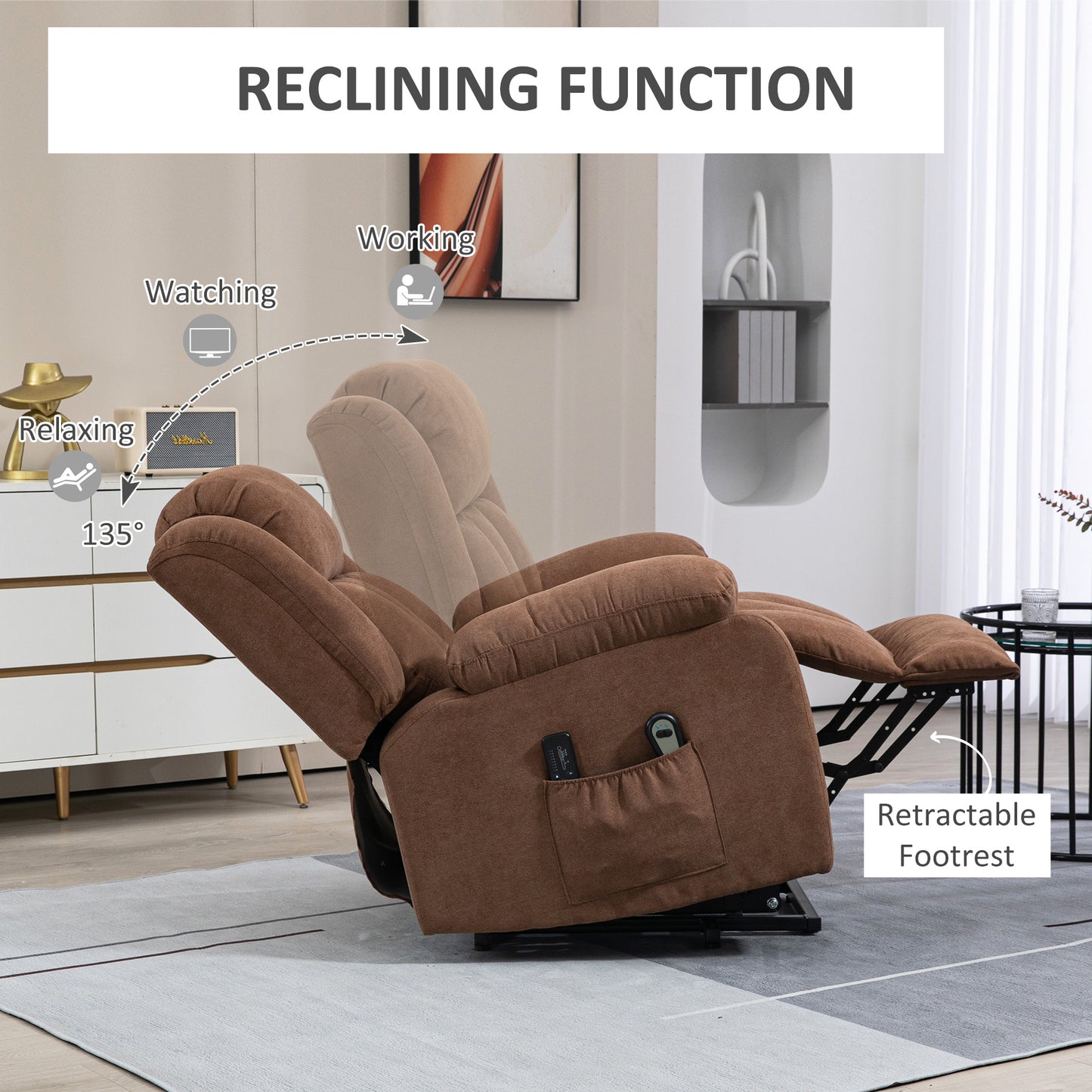 Homcom armchair relaxation with remote control, massant and reclining in fabric, brown - Borgè