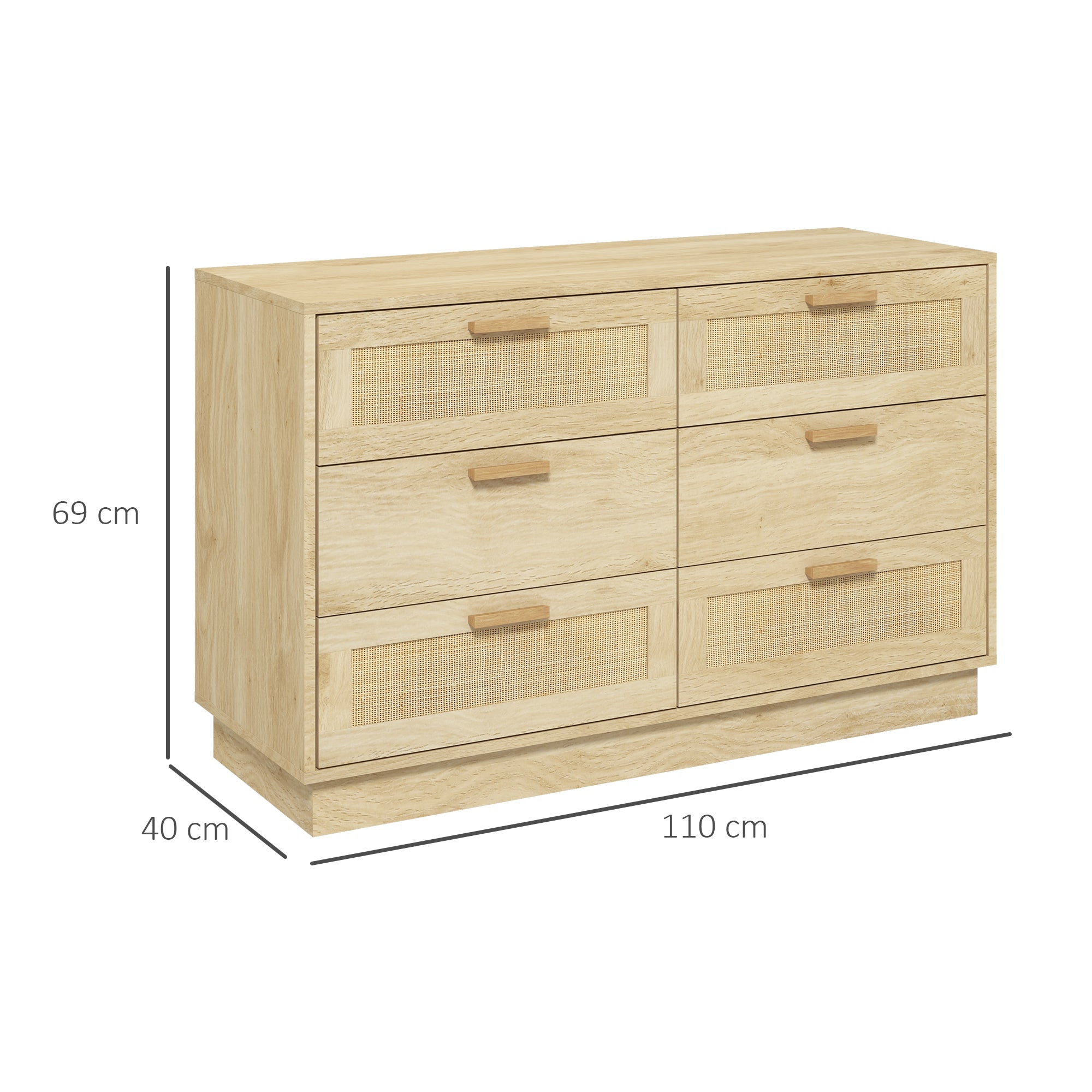 6-Drawer Chest of Drawers, Boho Style, for Bedroom and Entrance, Made of Wood and Rattan, 110x40x69 cm, Oak