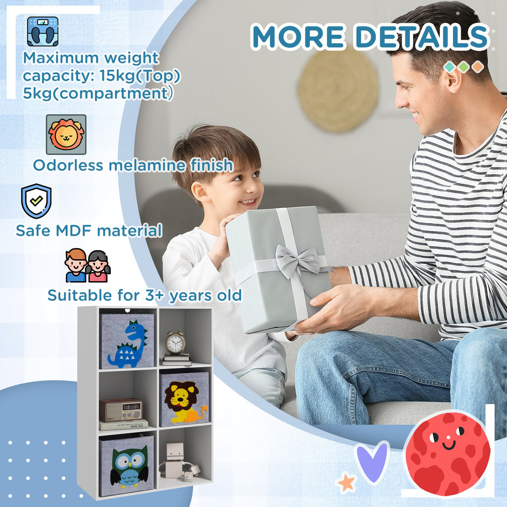 Children's Toy Shelf with 6 cube spaces, MDF and Melamine Construction - 61.8x29.9x91.5 cm, Grey and White - Borgè