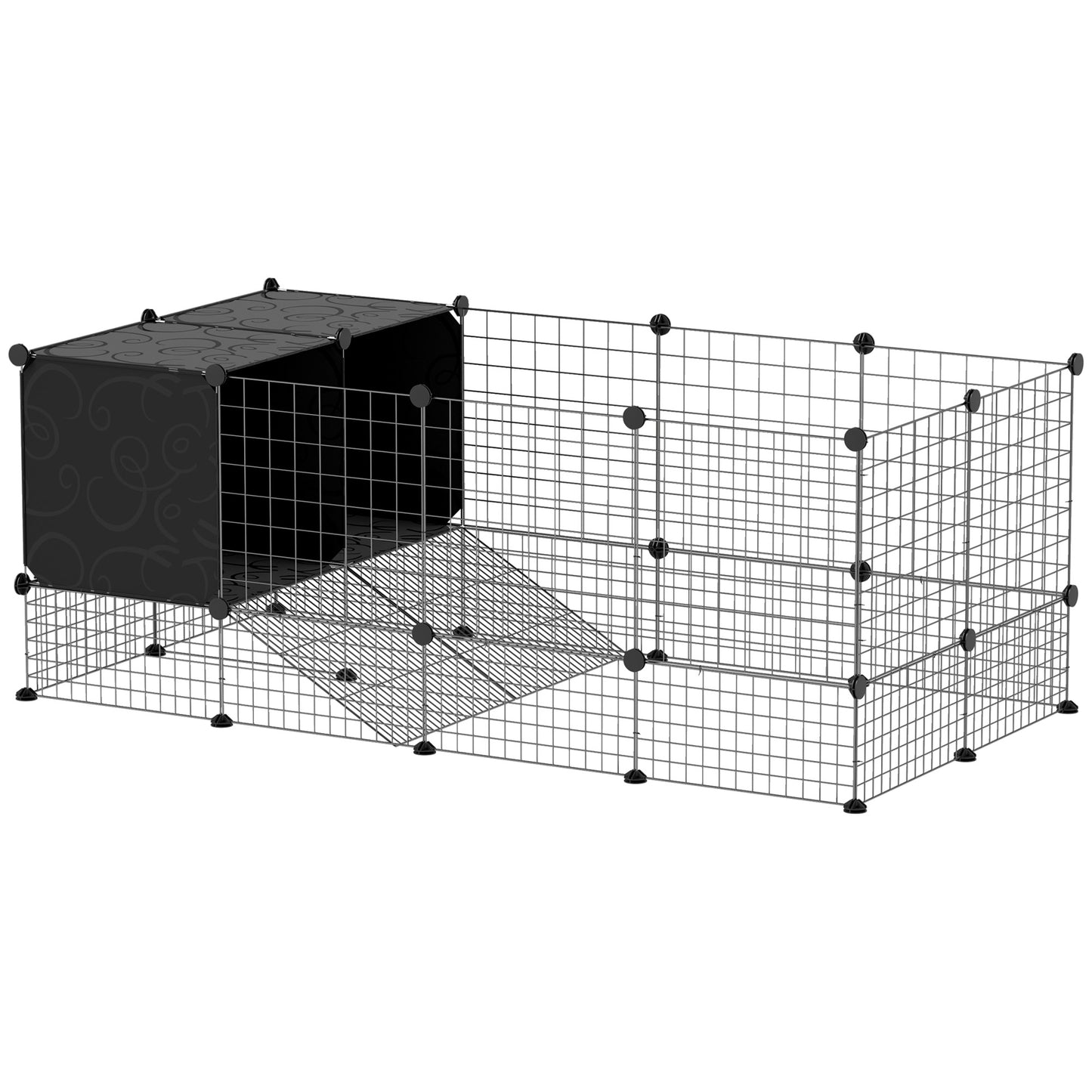 Modular Small Animal Cage with Raised Houses for Guinea Pigs and Hedgehogs, Black