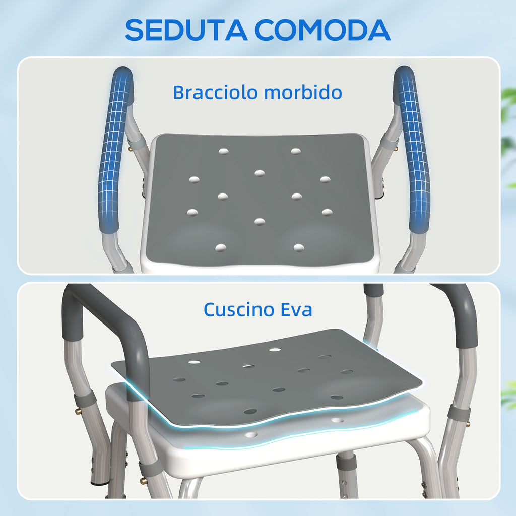 HOMCOM Adjustable Shower Stool with Armrests and Drainage Holes in Aluminum, 52x45x57-69 cm, Gray