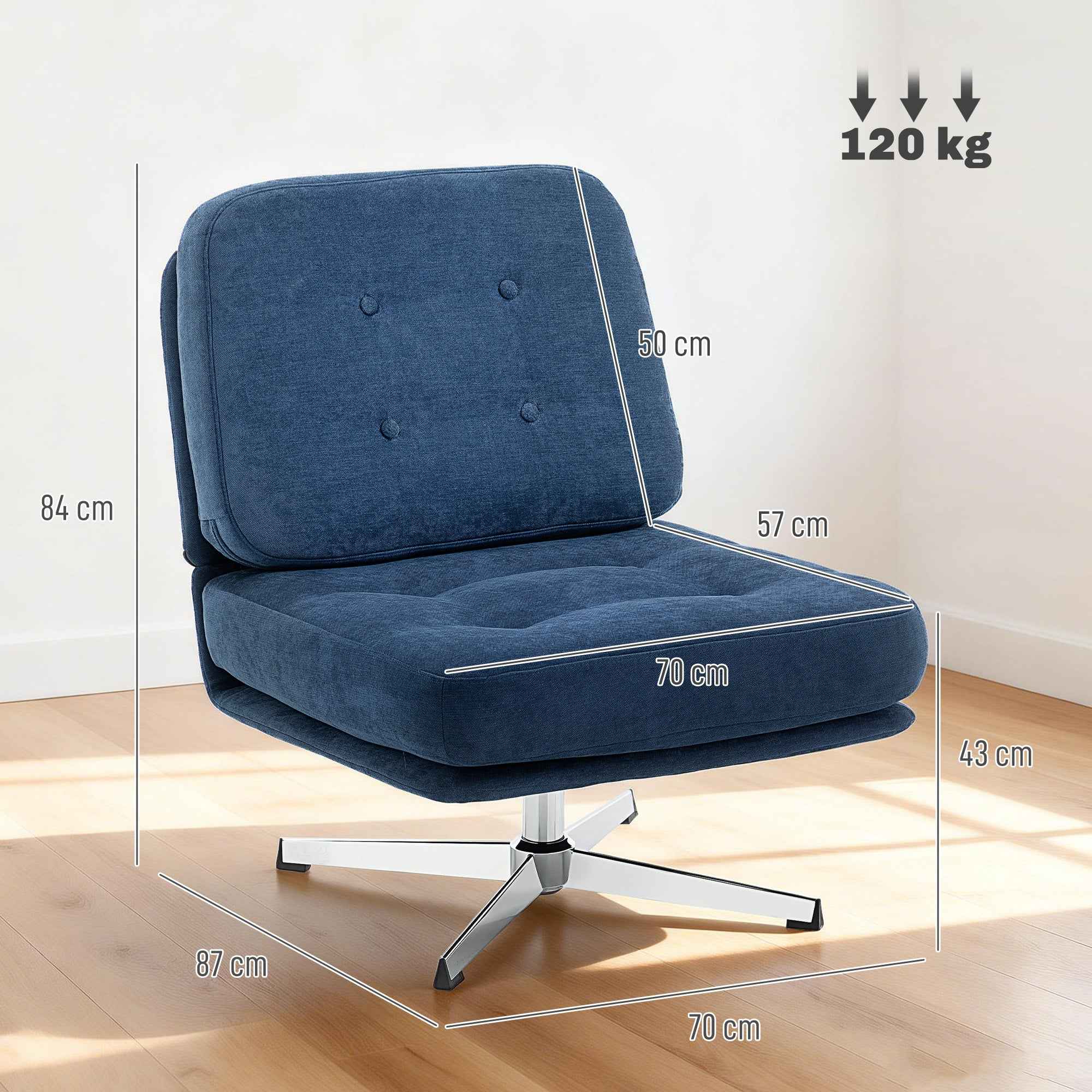 Swivel Living Room Chair in Chenille Effect Fabric and Metal, 70x87x84 cm, Dark Blue