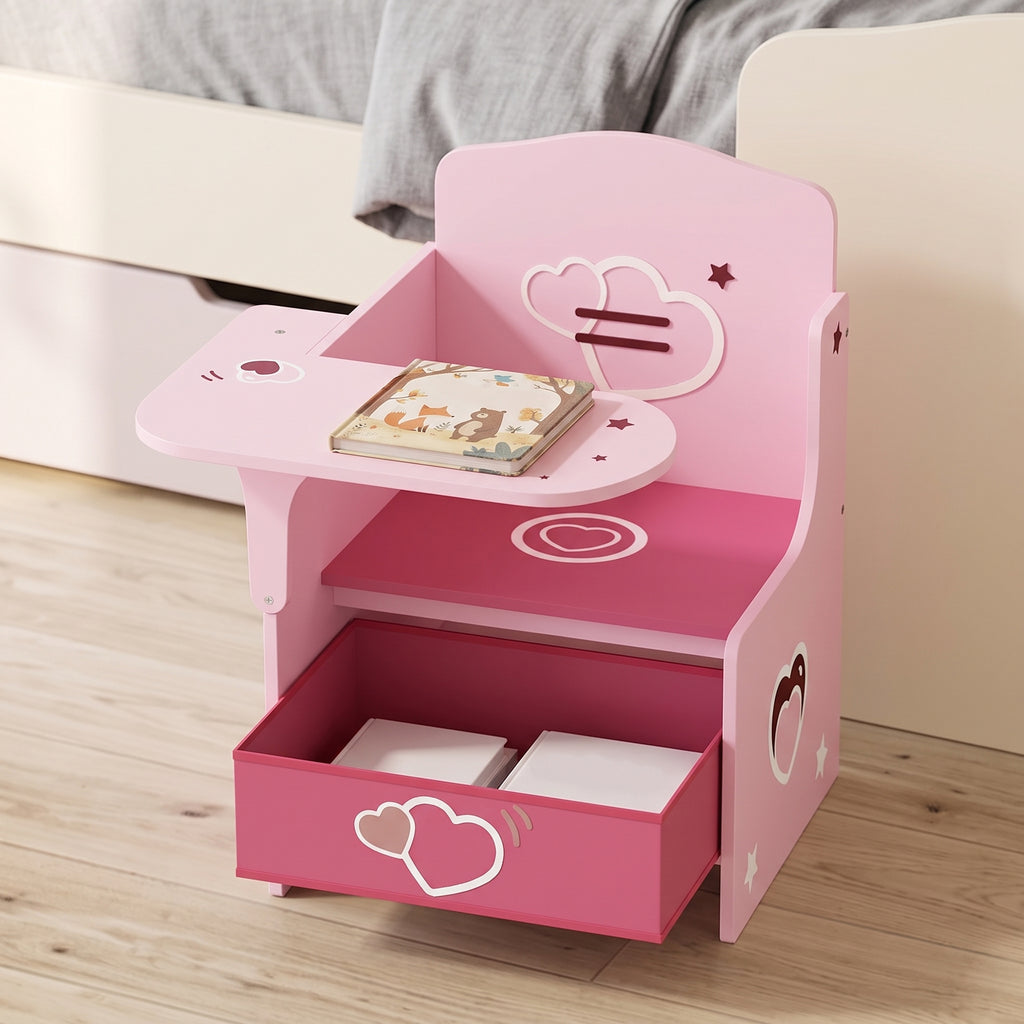 AIYAPLAY Children's Table and Chair Set for 3-5 Years Old in MDF Wood with Heart Patterns, Integrated Storage, Pink