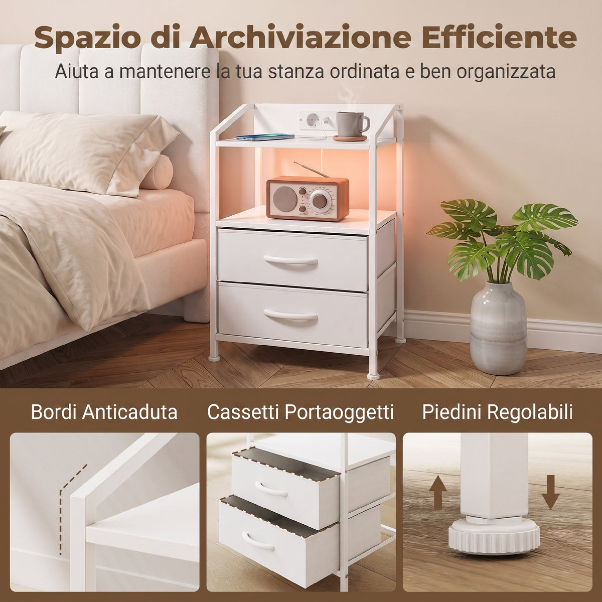 HOMCOM Set of 2 Bedside Tables with LED Lights and Charging Station, 40x30x60 cm, White