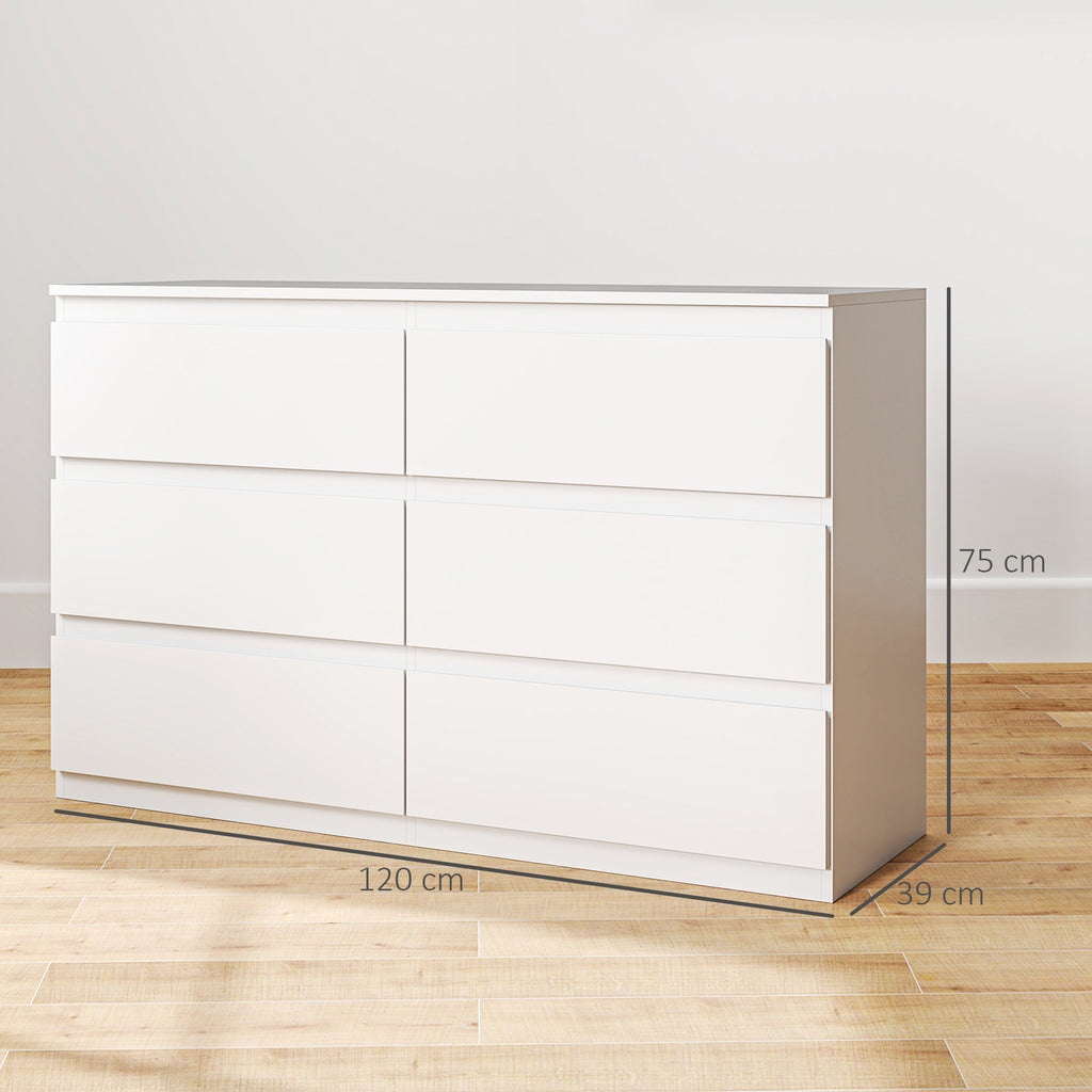 Chest of 6 Drawers for the Bedroom in Wood with Metal Guides, 120x39x75 cm, White