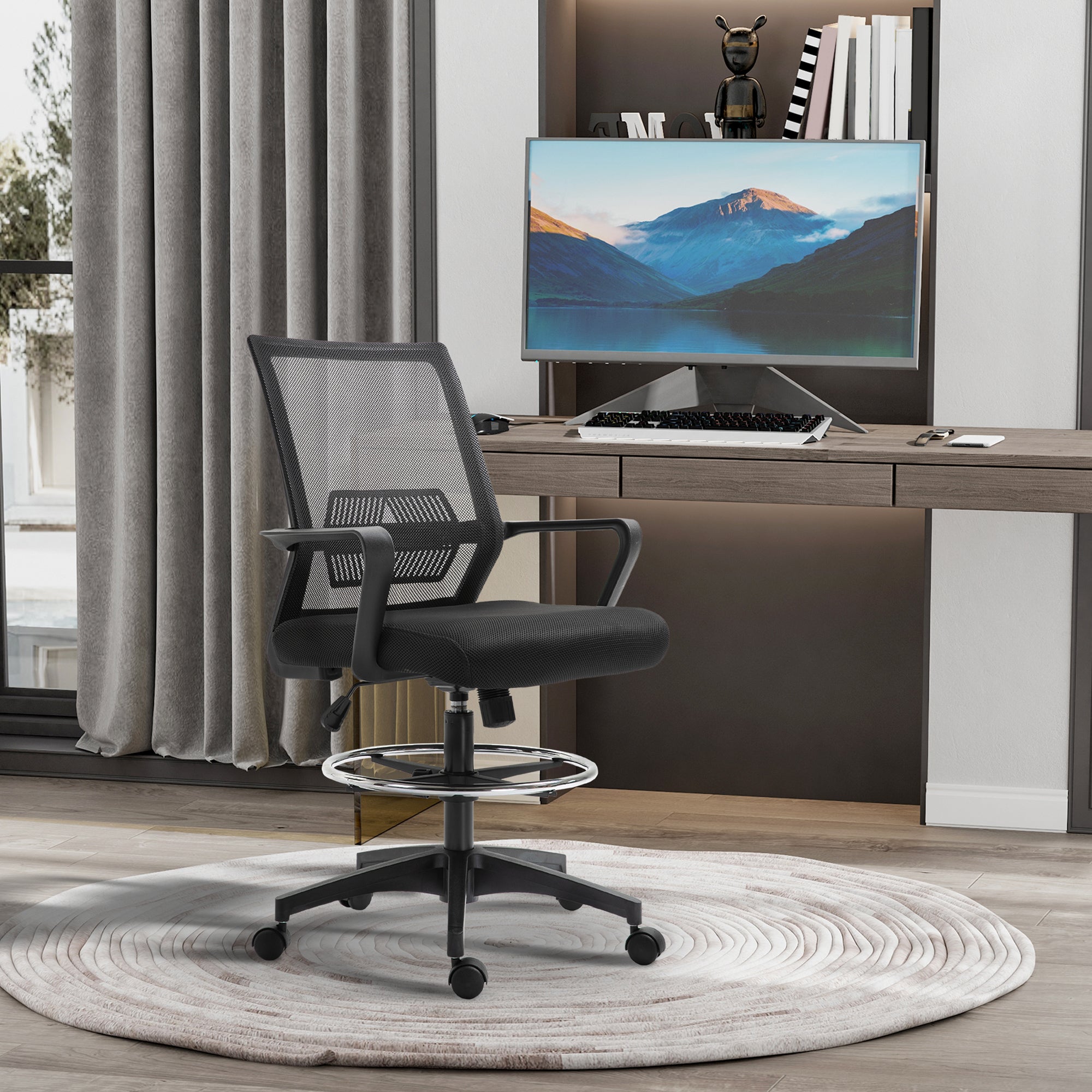 Adjustable Mesh Office Chair with Armrests and Footrest Ring, 64x59x104-124 cm, Black