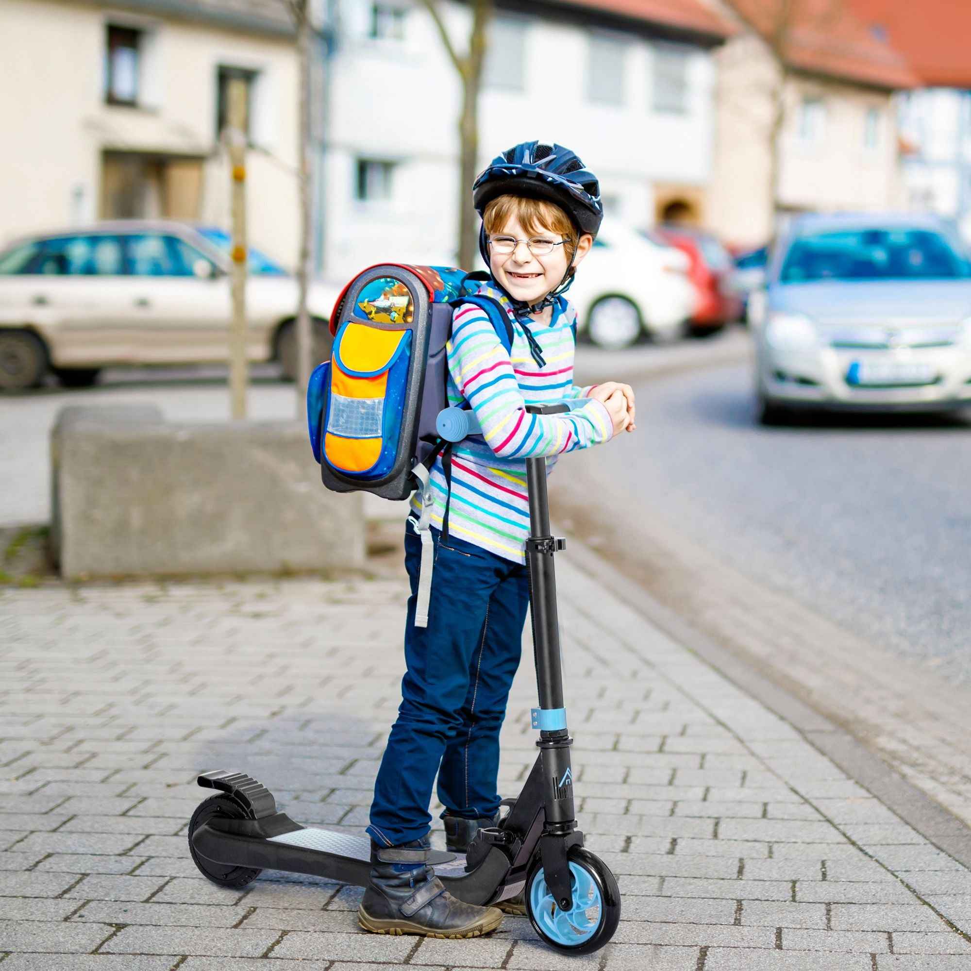 HOMCOM Folding Electric Scooter for Kids Ages 6+, Adjustable Height, 71 x 36.5 x 75-80 cm, Black and Blue