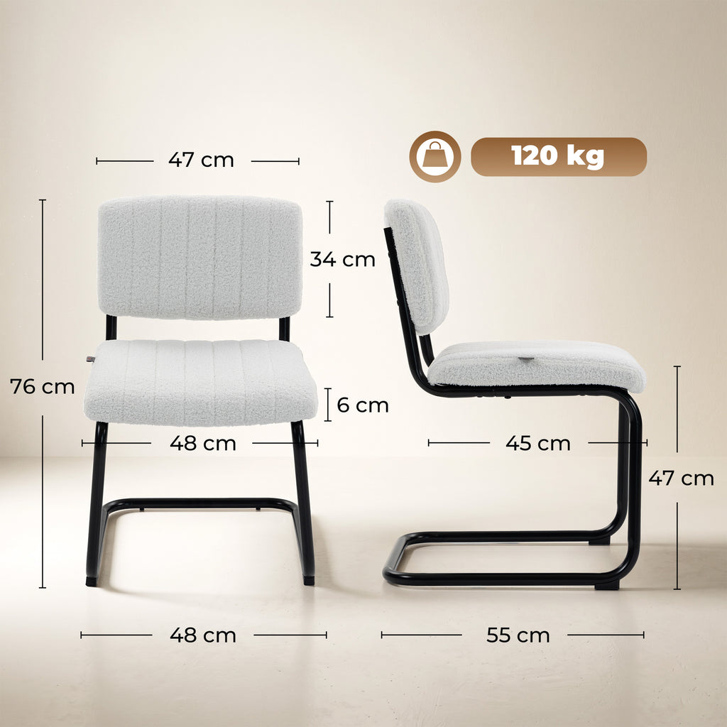 HOMCOM Set of 2 Upholstered Dining Chairs in Teddy Fabric, Metal Sled Frame, Cream White