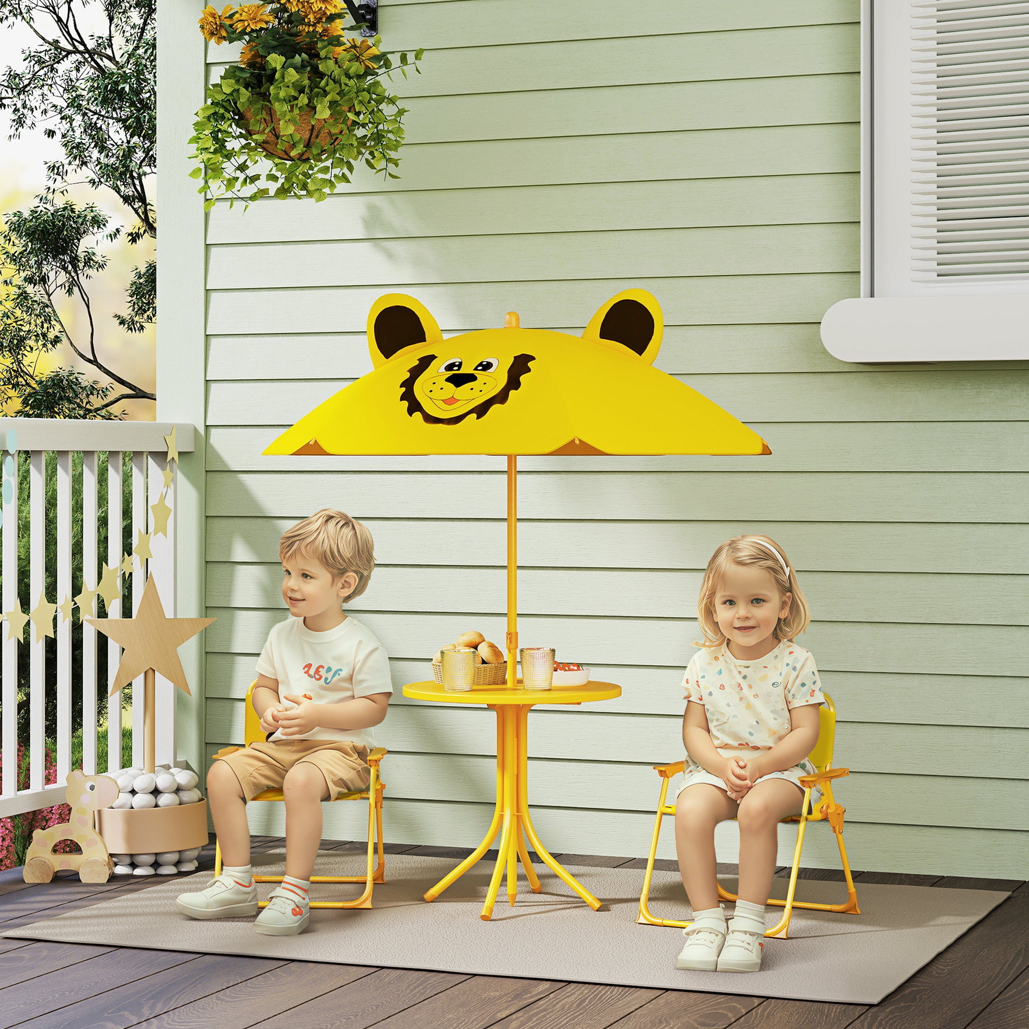 Garden Set for Children 2-5 Years with Round Table, 2 Folding Chairs and a Umbrella, Yellow