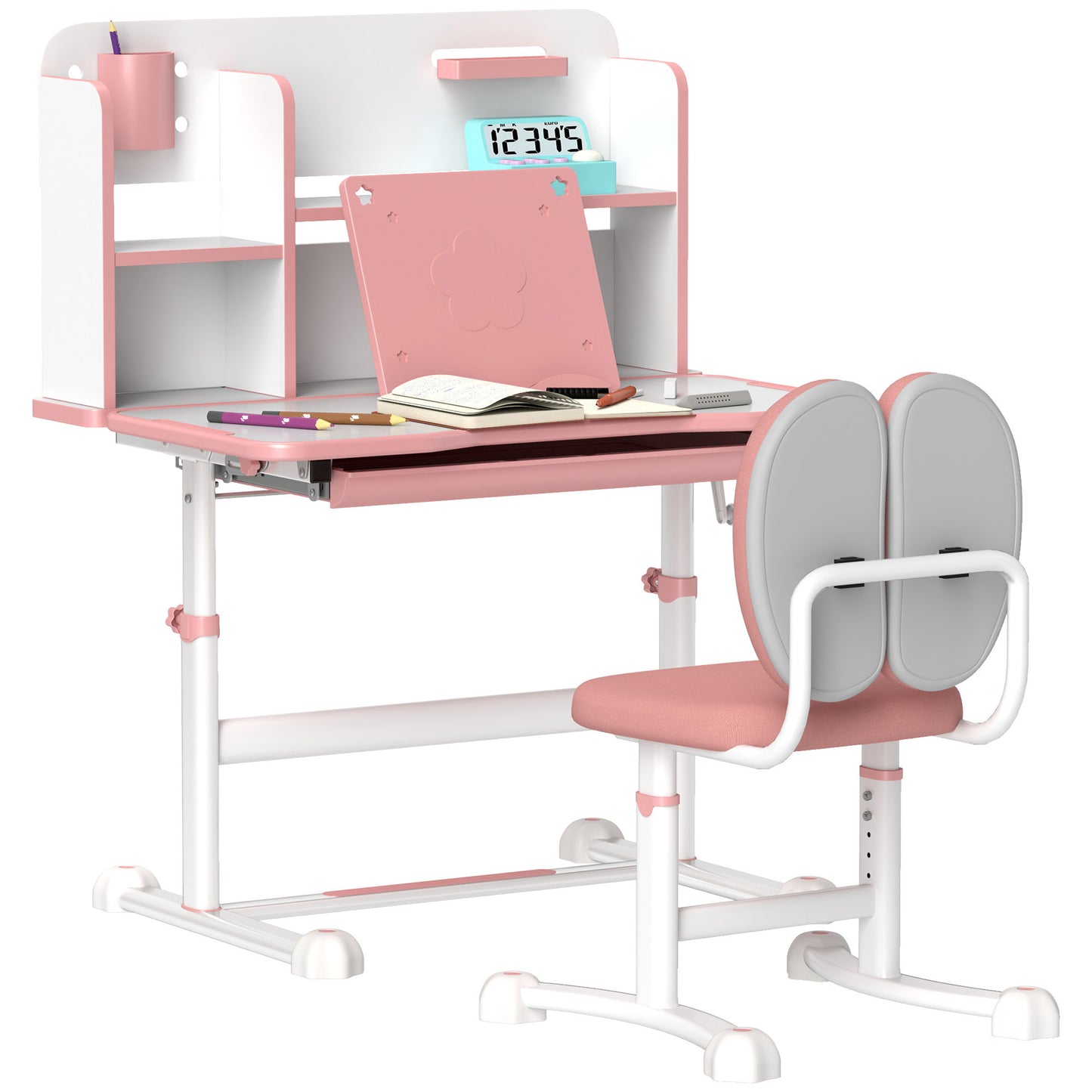 Adjustable Children's Desk and Chair Set, School Desk with Tilting Top, Drawer, Shelf, Pink