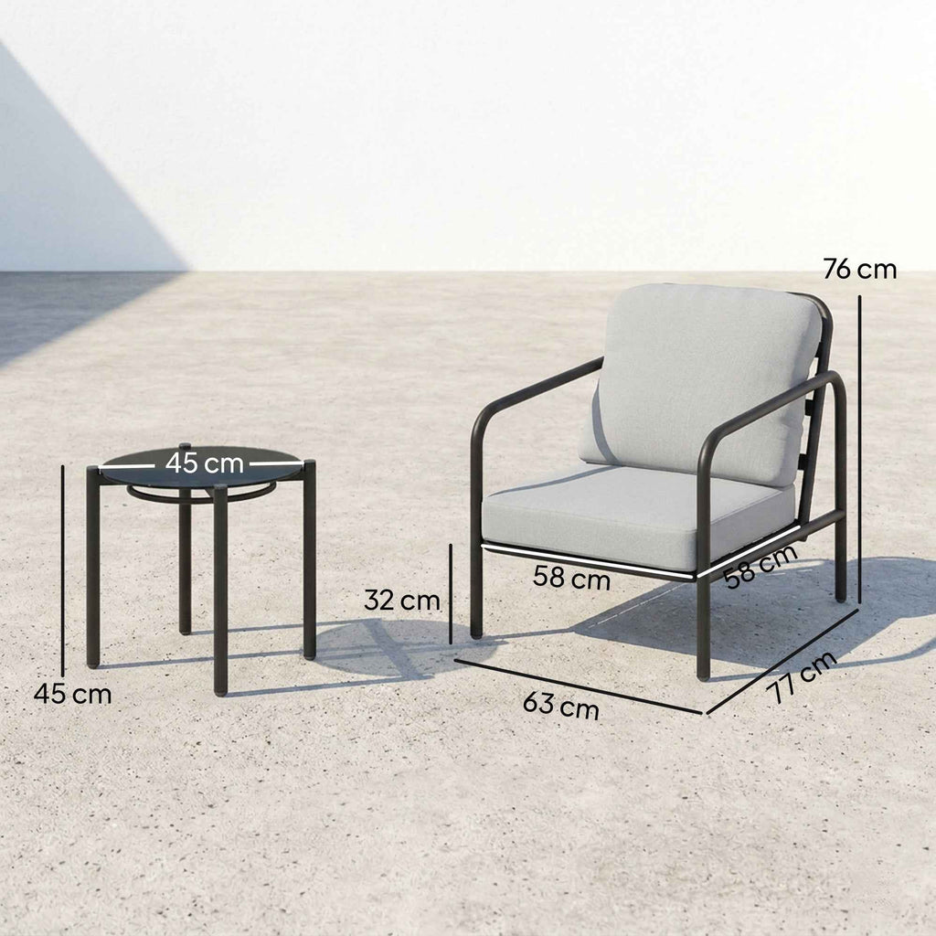 Outsunny 3-Piece Steel Bistro Set with 2 Chairs with Thick Cushions, Black Tempered Glass Top Coffee Table